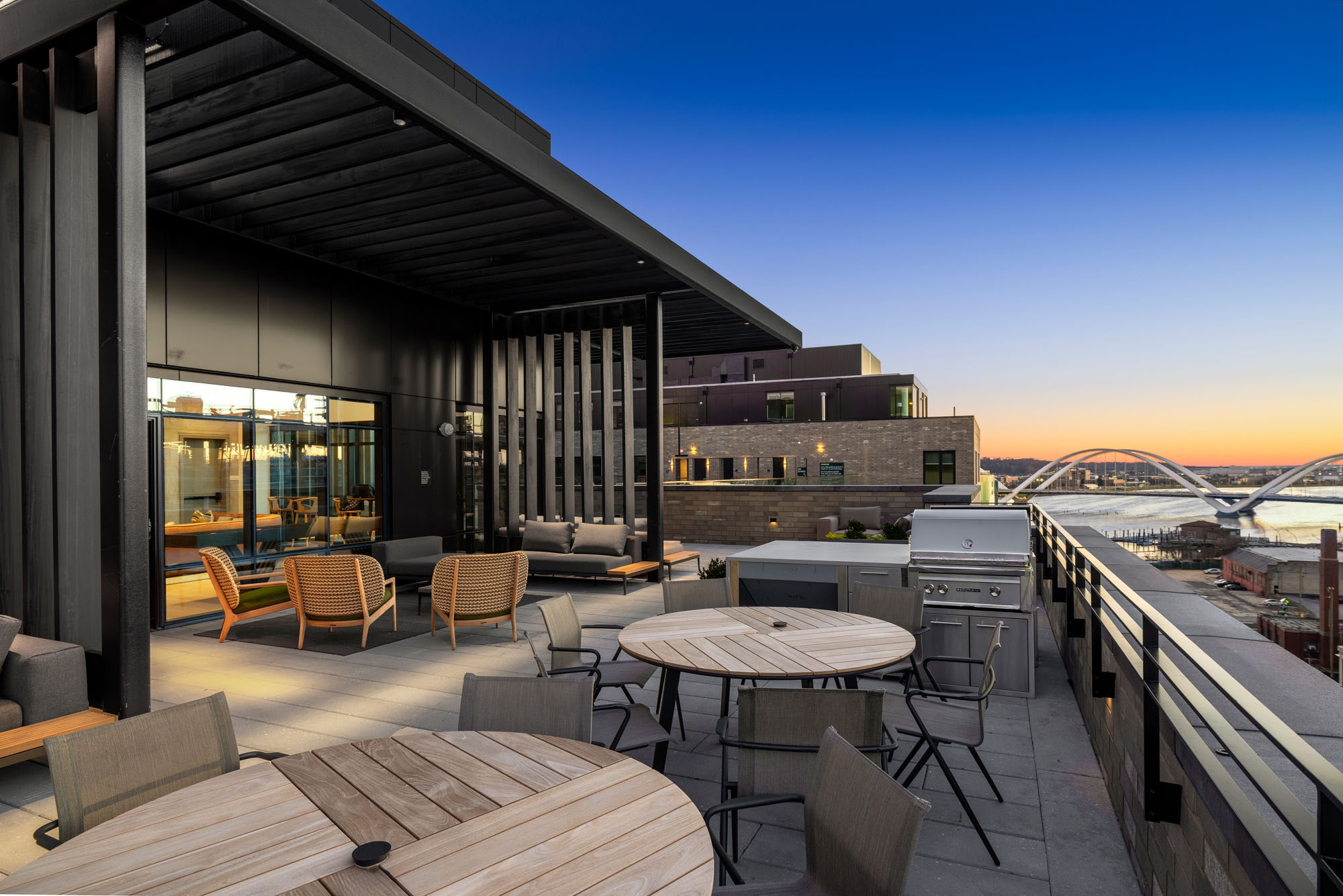 The outdoor terrace at Vela apartments in The Yards in Washington, DC.