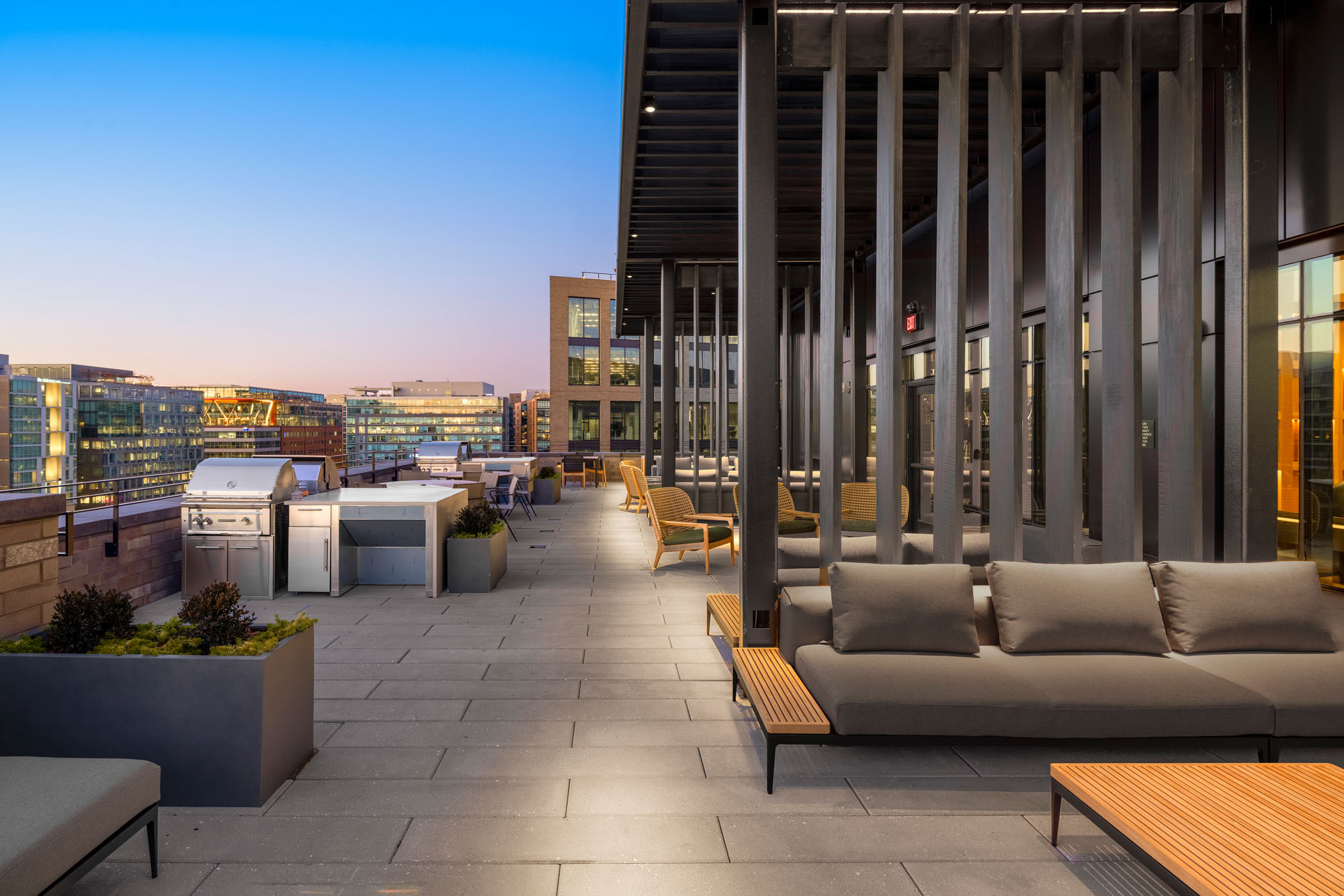 The outdoor terrace at Vela apartments in The Yards in Washington, DC.