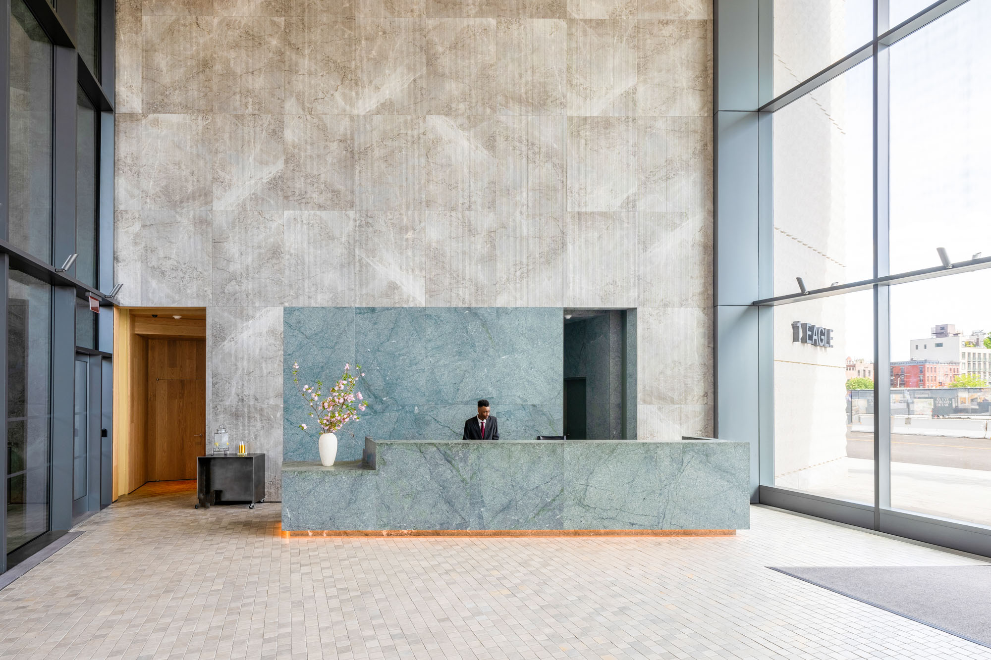 The lobby at Eagle + West apartments in Greenpoint Landing in Brooklyn, New York.