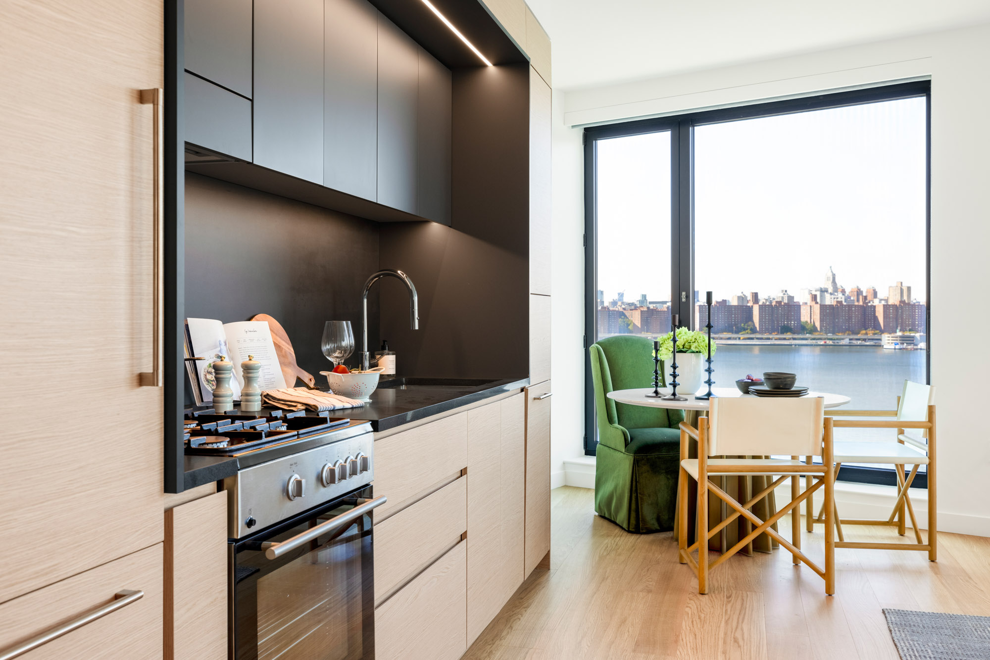 A kitchen in a Eagle + West apartment in Greenpoint Landing in Brooklyn, New York.