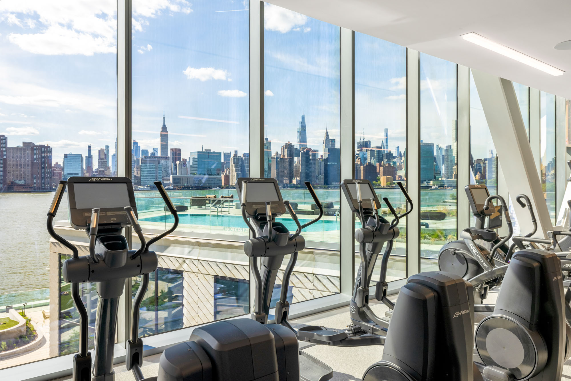 The fitness center at Eagle + West apartments in Greenpoint Landing in Brooklyn, New York.