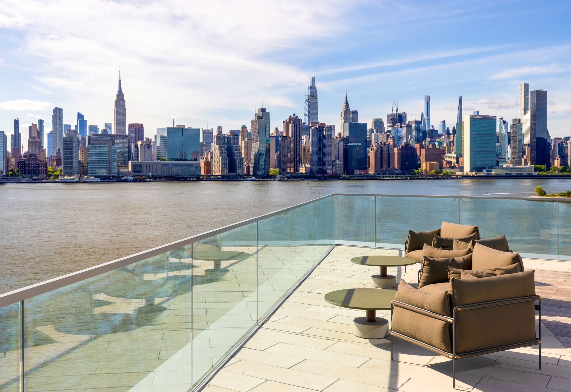 The outdoor terrace at Eagle + West apartments in Greenpoint Landing in Brooklyn, New York.