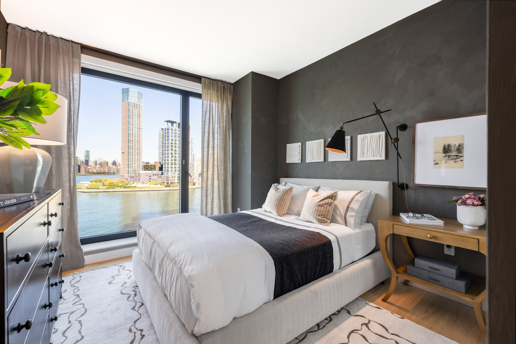 A bedroom in a Eagle + West apartment in Greenpoint Landing in Brooklyn, New York.