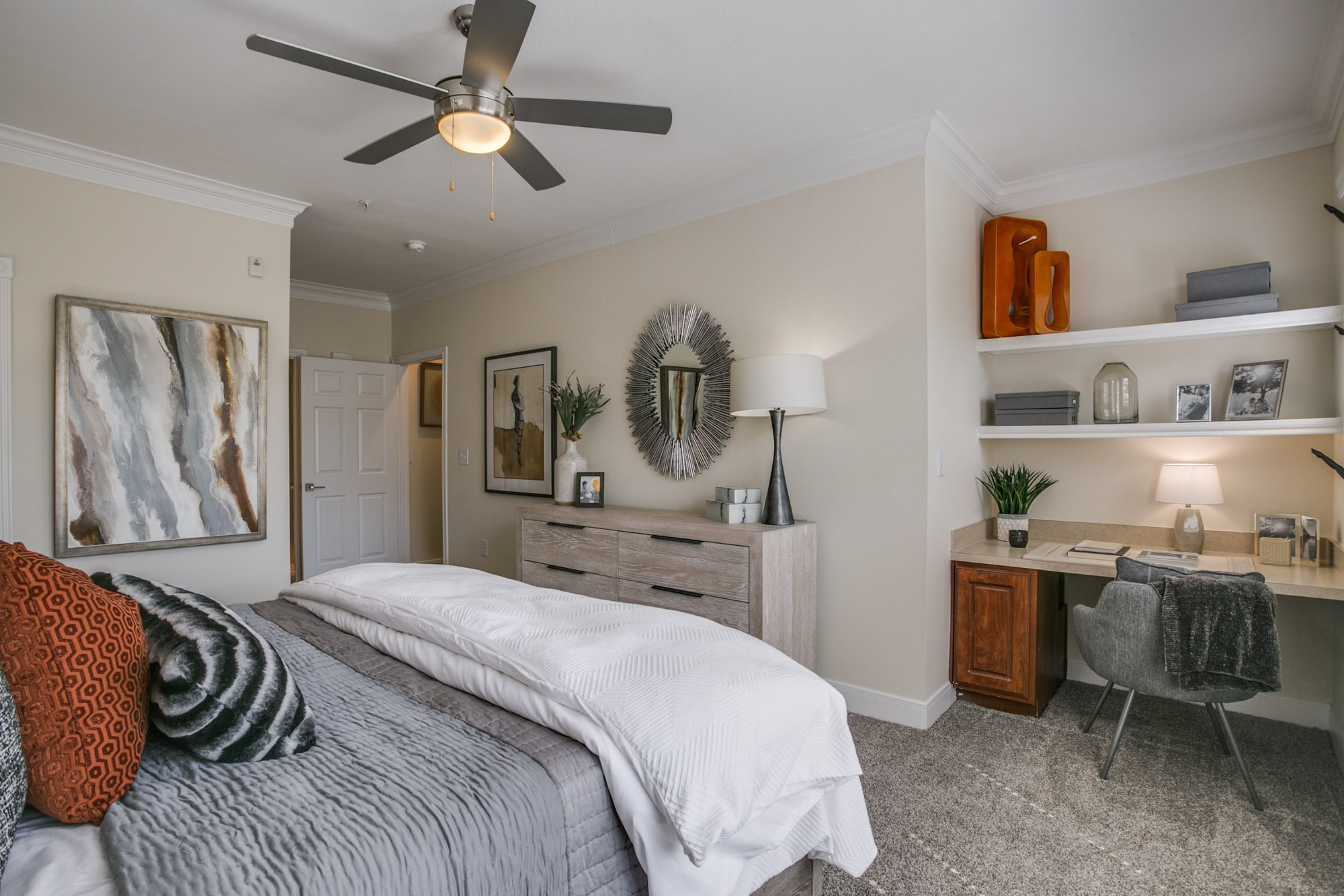 The bedroom in a Village on Memorial townhouse in Houston, TX.