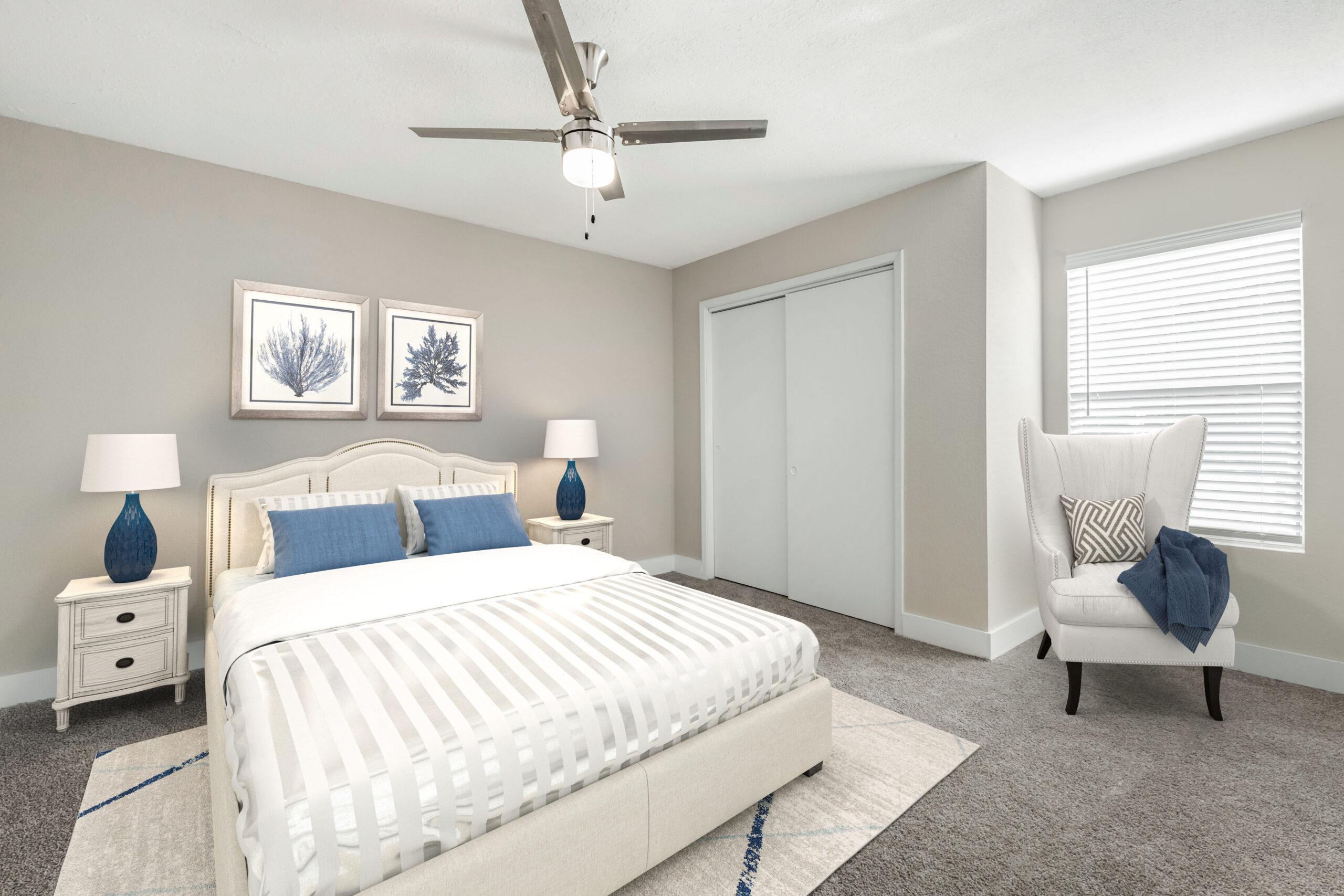 A bedroom at Brookwood Club apartments in Jacksonville, FL.