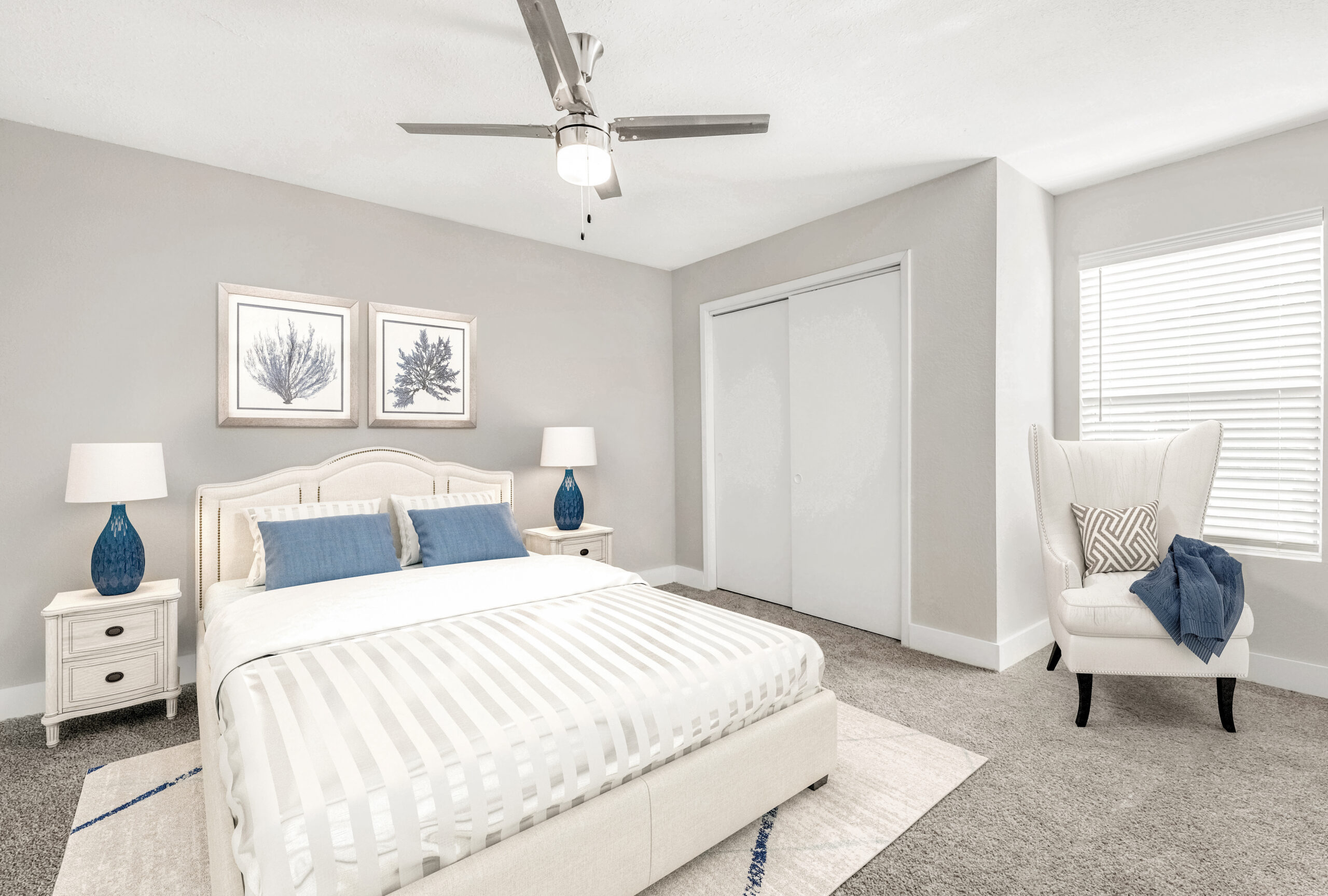 A bedroom at Brookwood Club apartments in Jacksonville, FL.