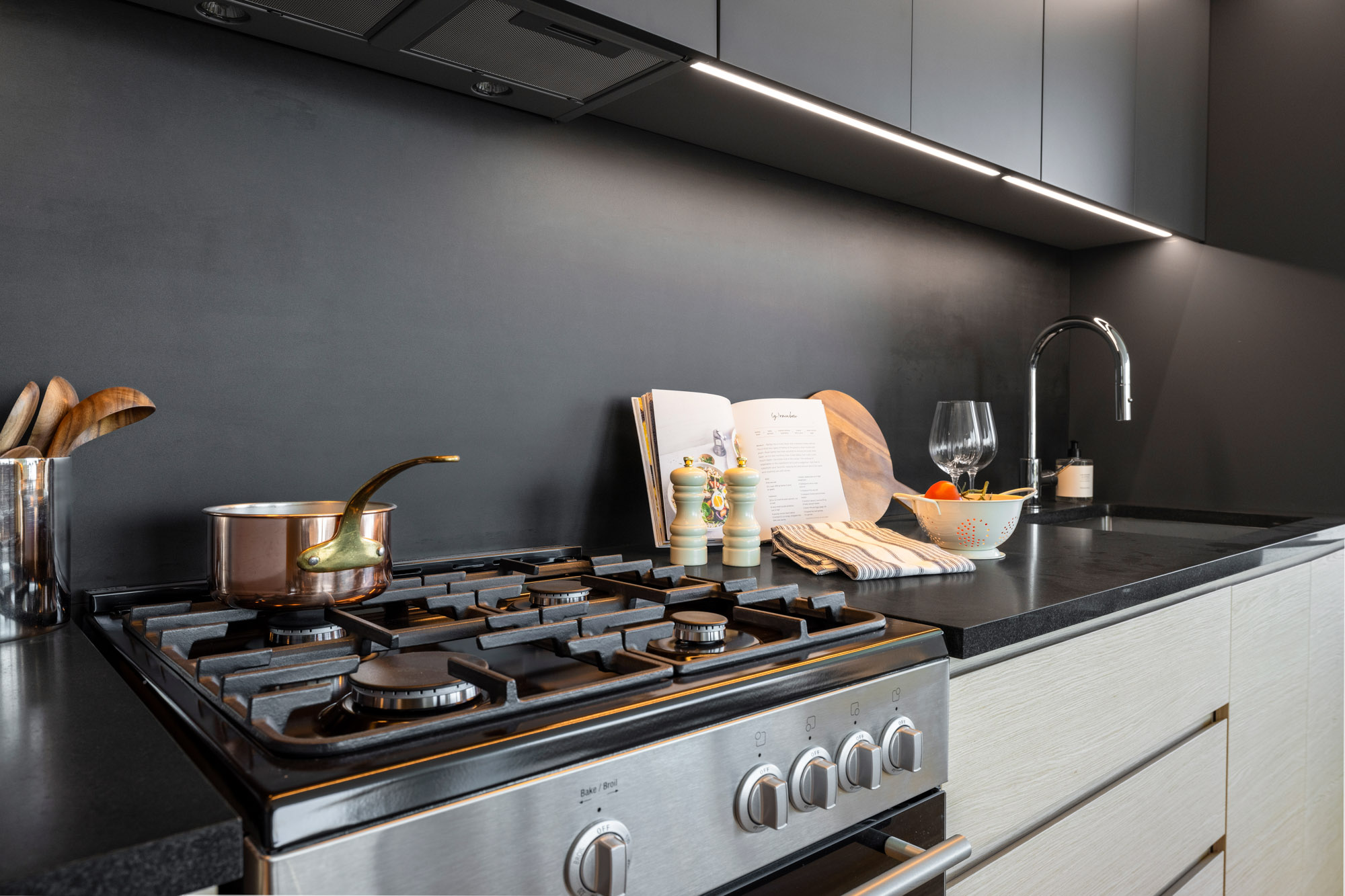 A kitchen in a Eagle + West apartment in Greenpoint Landing in Brooklyn, New York.