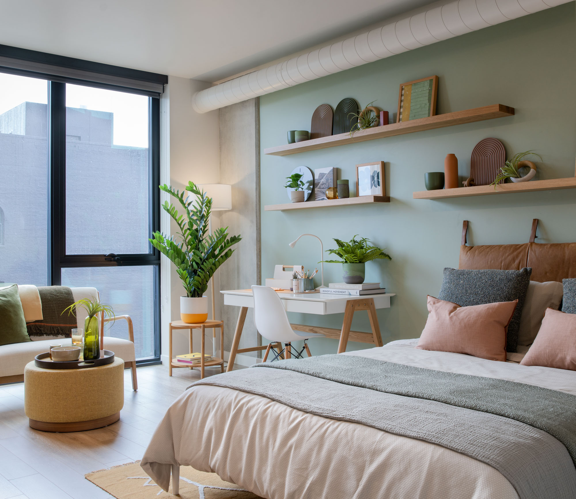 An apartment bedroom at The George apartments in San Francisco, CA