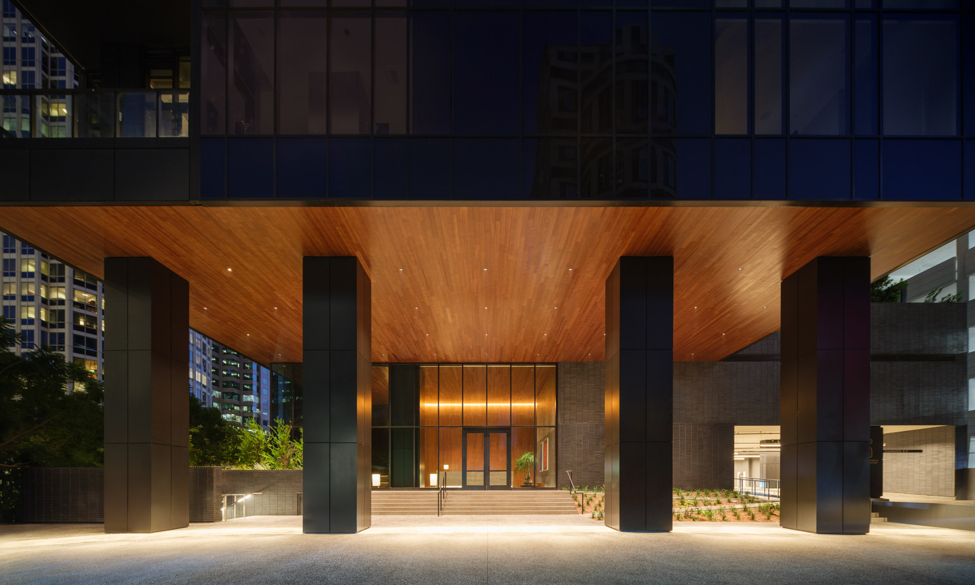 The entrance of Beaudry apartments in downtown Los Angeles.