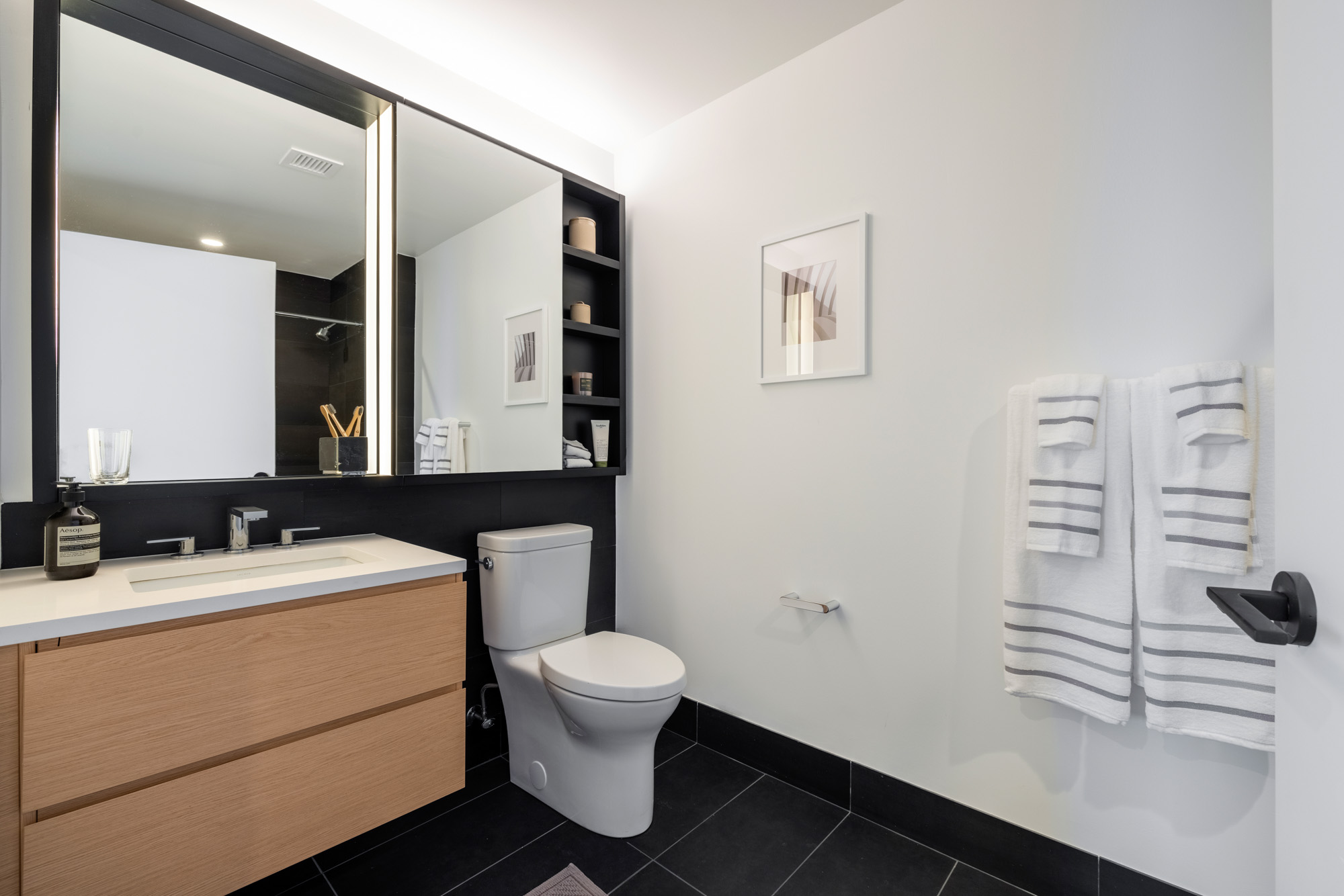 A bathroom in a Eagle + West apartment in Greenpoint Landing in Brooklyn, New York.