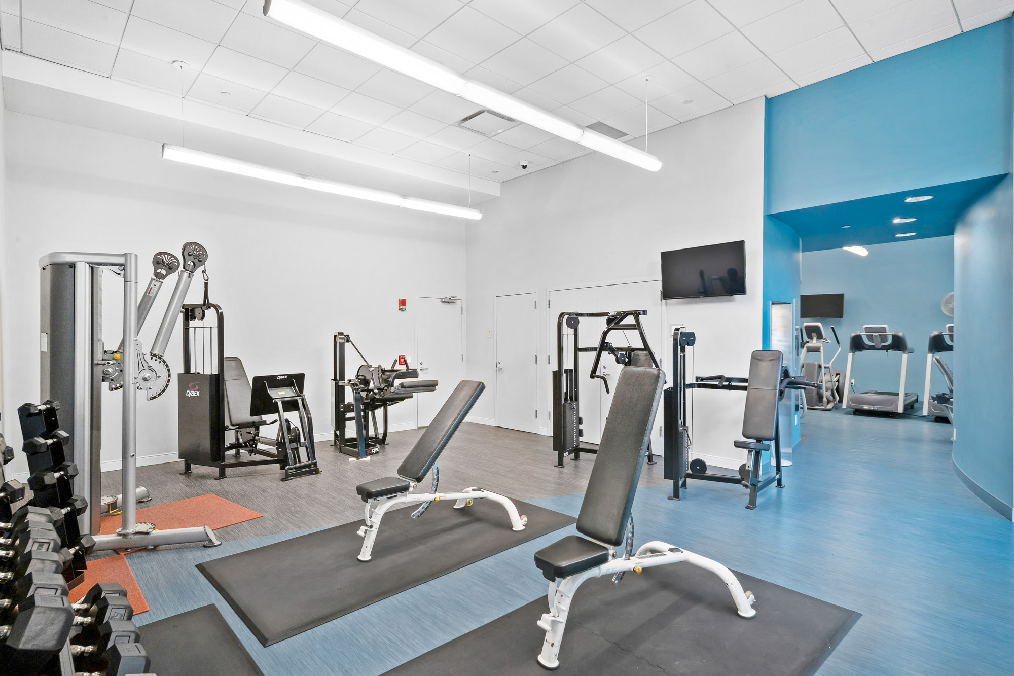 Gym area at 91 Sidney apartments in Cambridge, Massachusetts