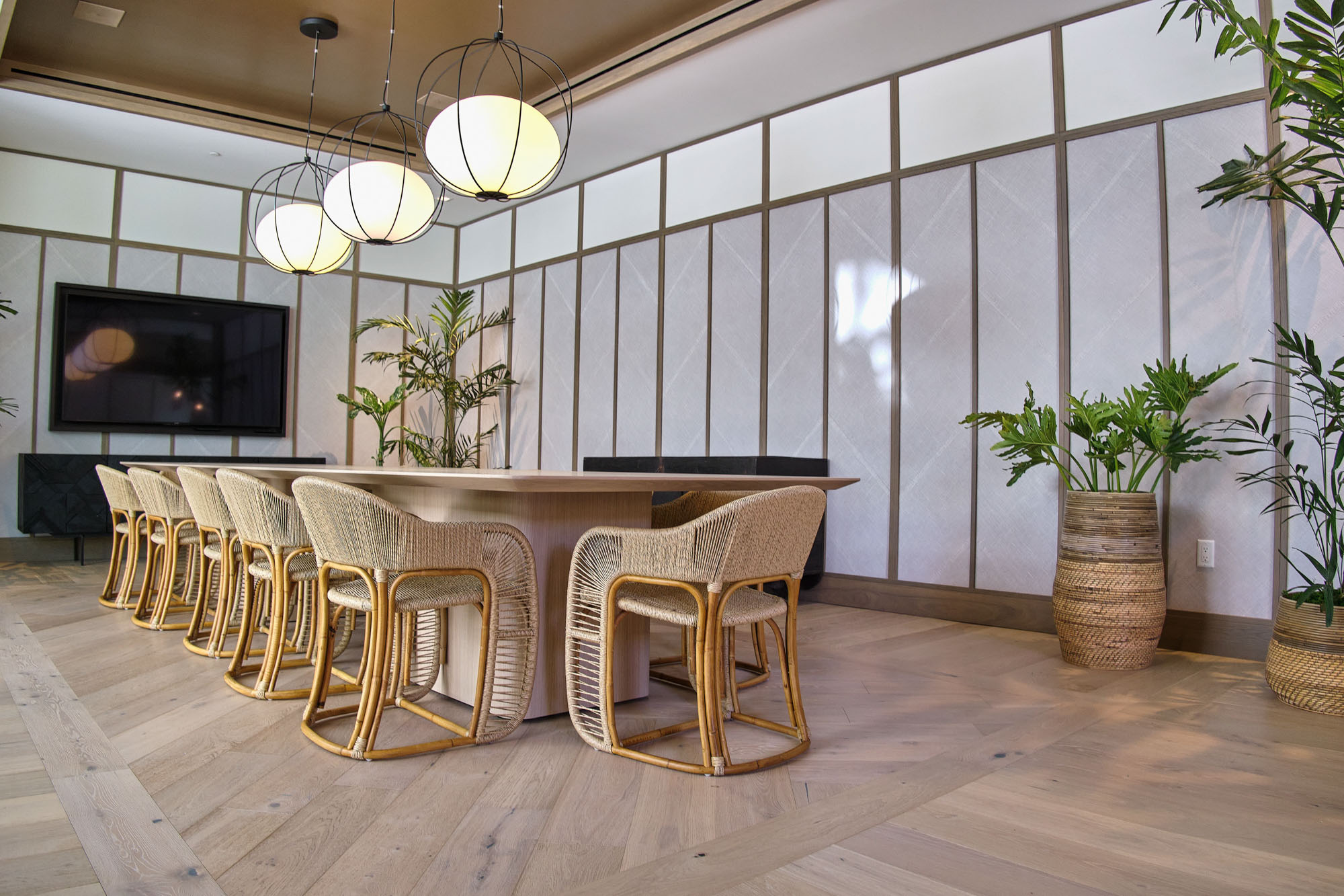 Large conference table with television.