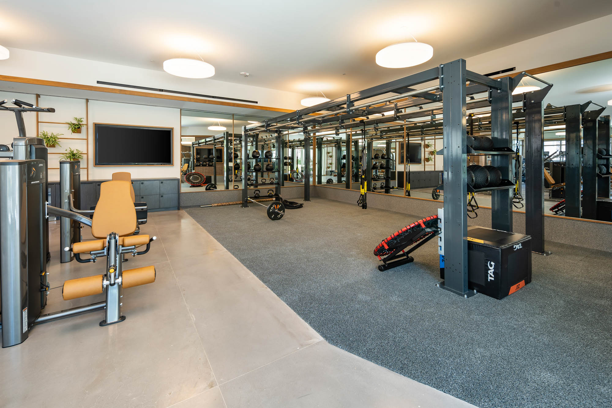 A fitness center with weight machines.