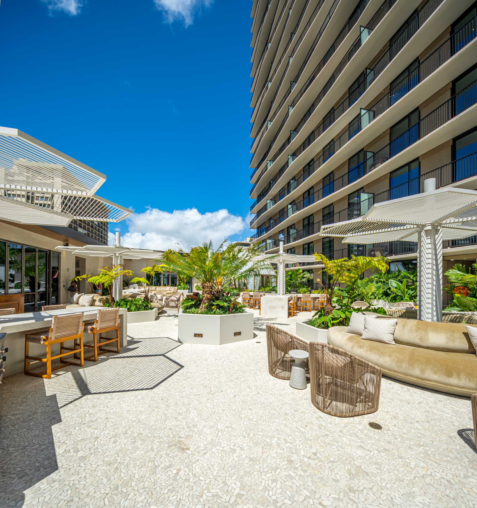 Terrace with palm trees and seating areas.