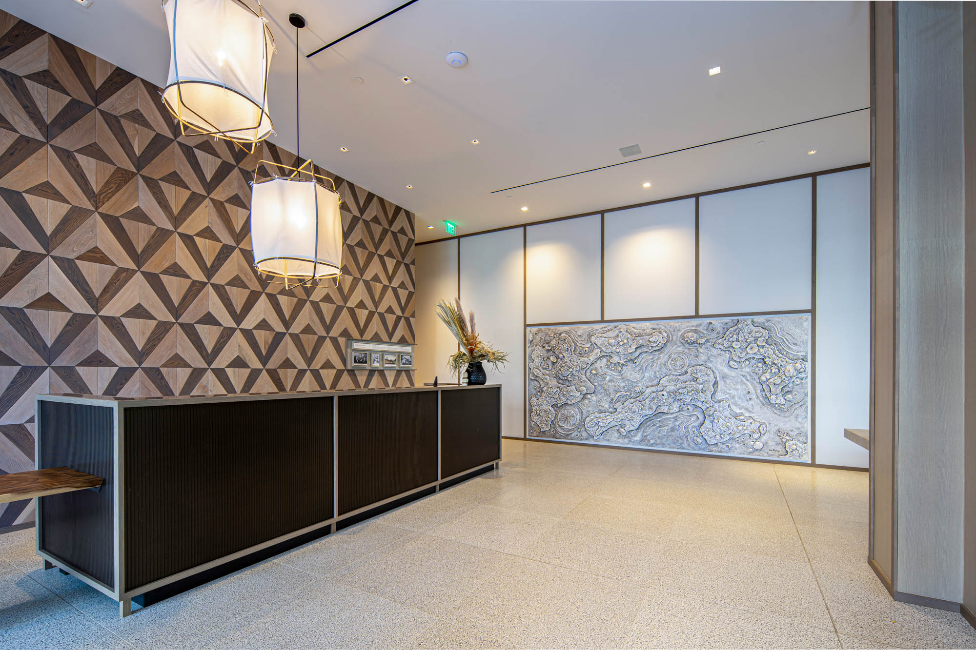 A modern lobby's front desk.