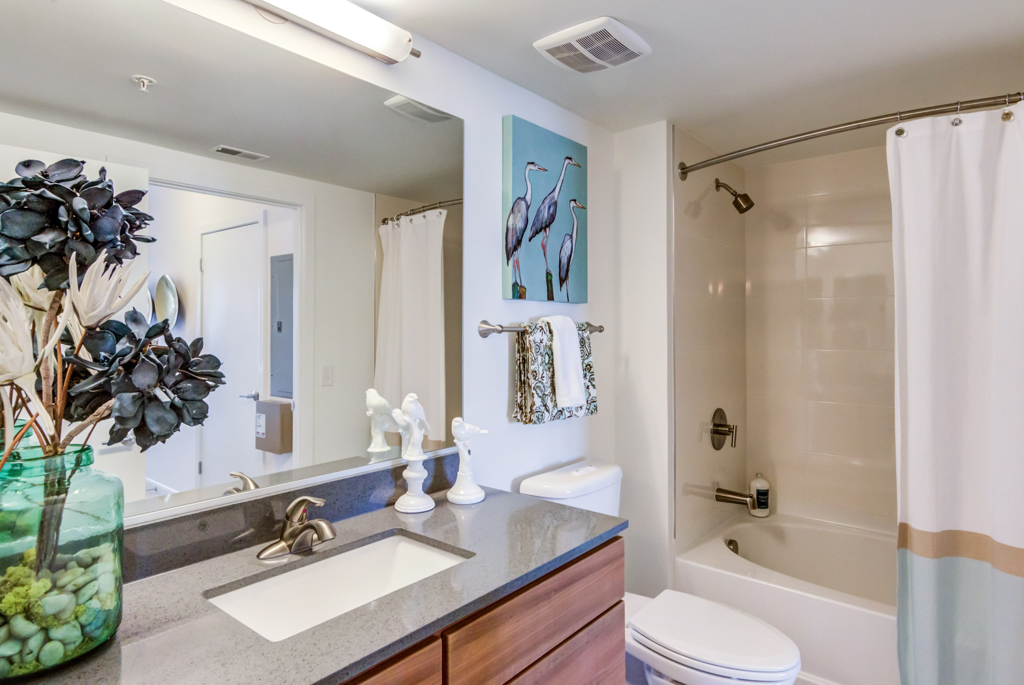 A bathroom area at 8421 Broad apartments in McLean, Virginia.