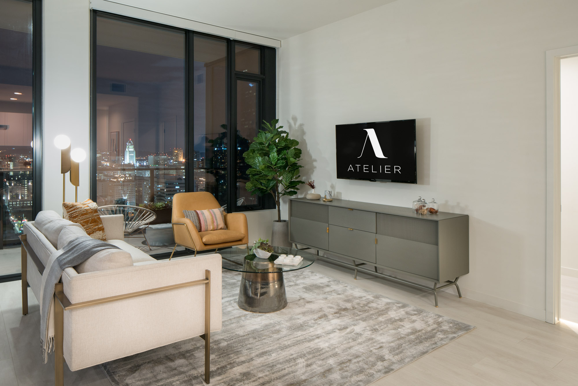 The living area in an Atelier apartment in downtown Los Angeles.