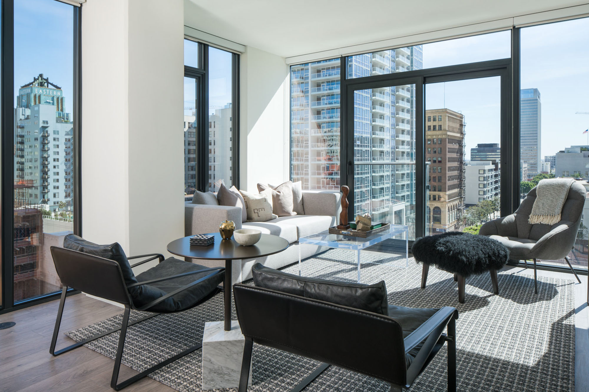 The living area in an Atelier apartment in downtown Los Angeles.