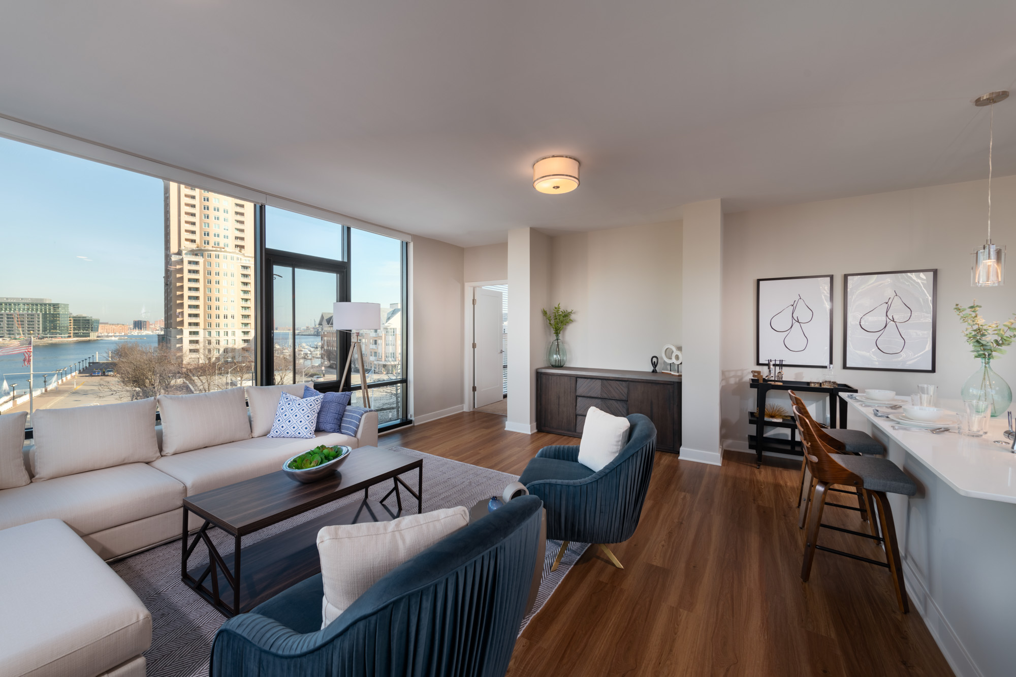 The living area in an apartment at 1110 Key Federal Hill in Baltimore, Maryland.