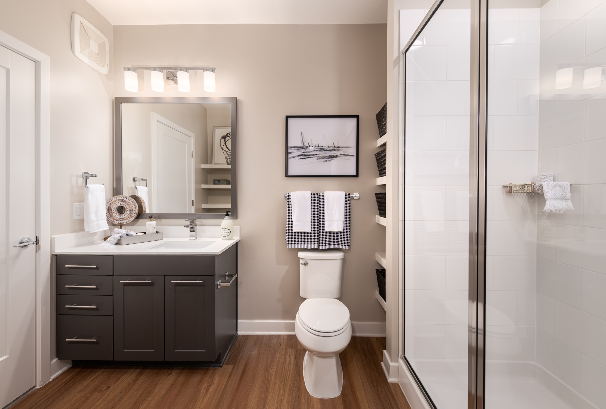 The bathroom in an apartment at 1110 Key Federal Hill in Baltimore, Maryland.