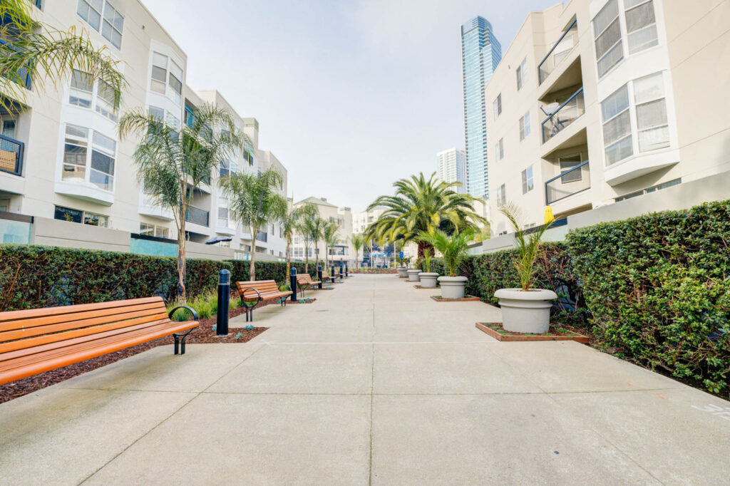 A walking path in Bayside Village in San Francisco.