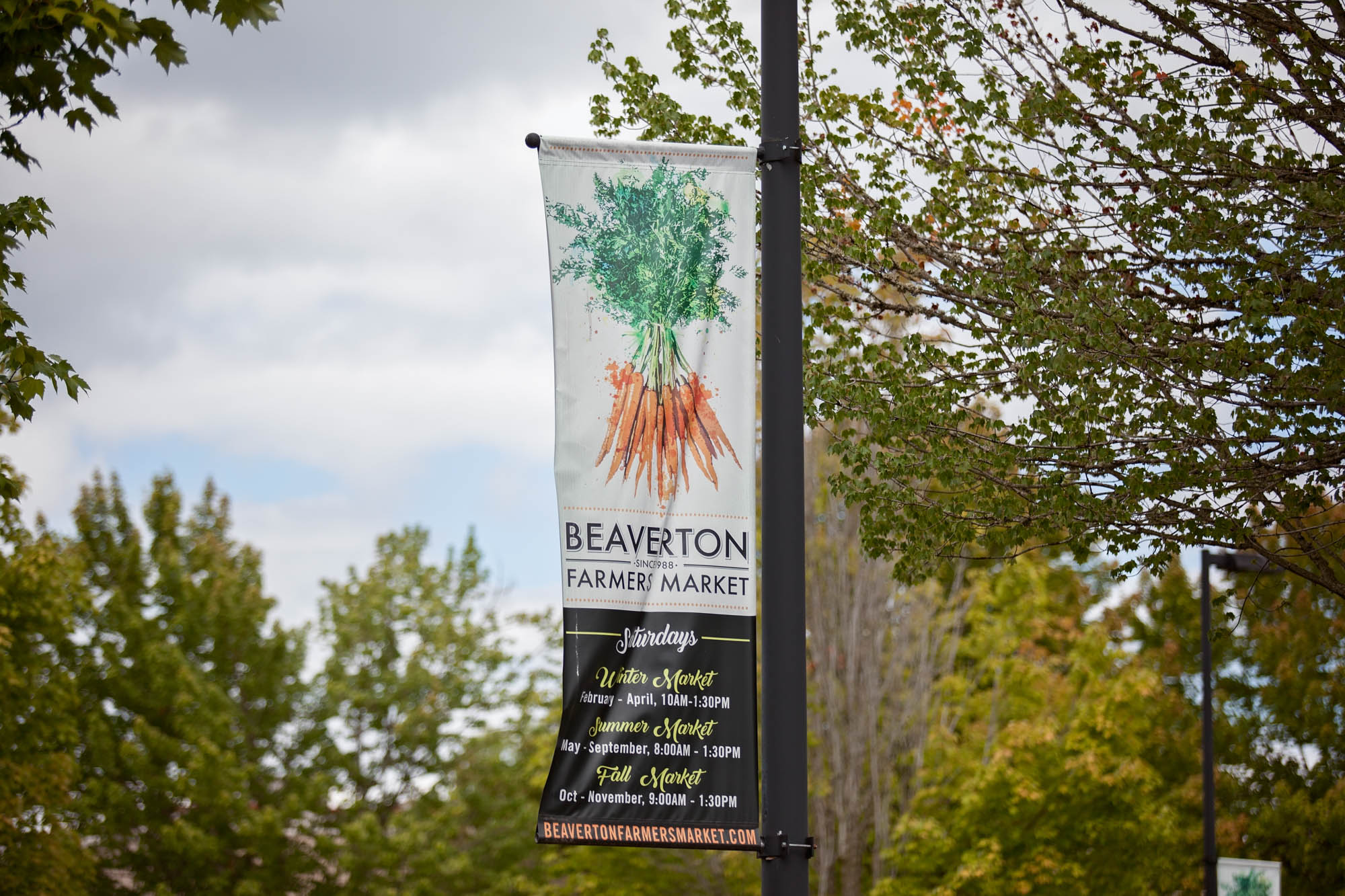 The sign for the Beaverton Farmers Market near Verso apartments in Beaverton, Oregon.