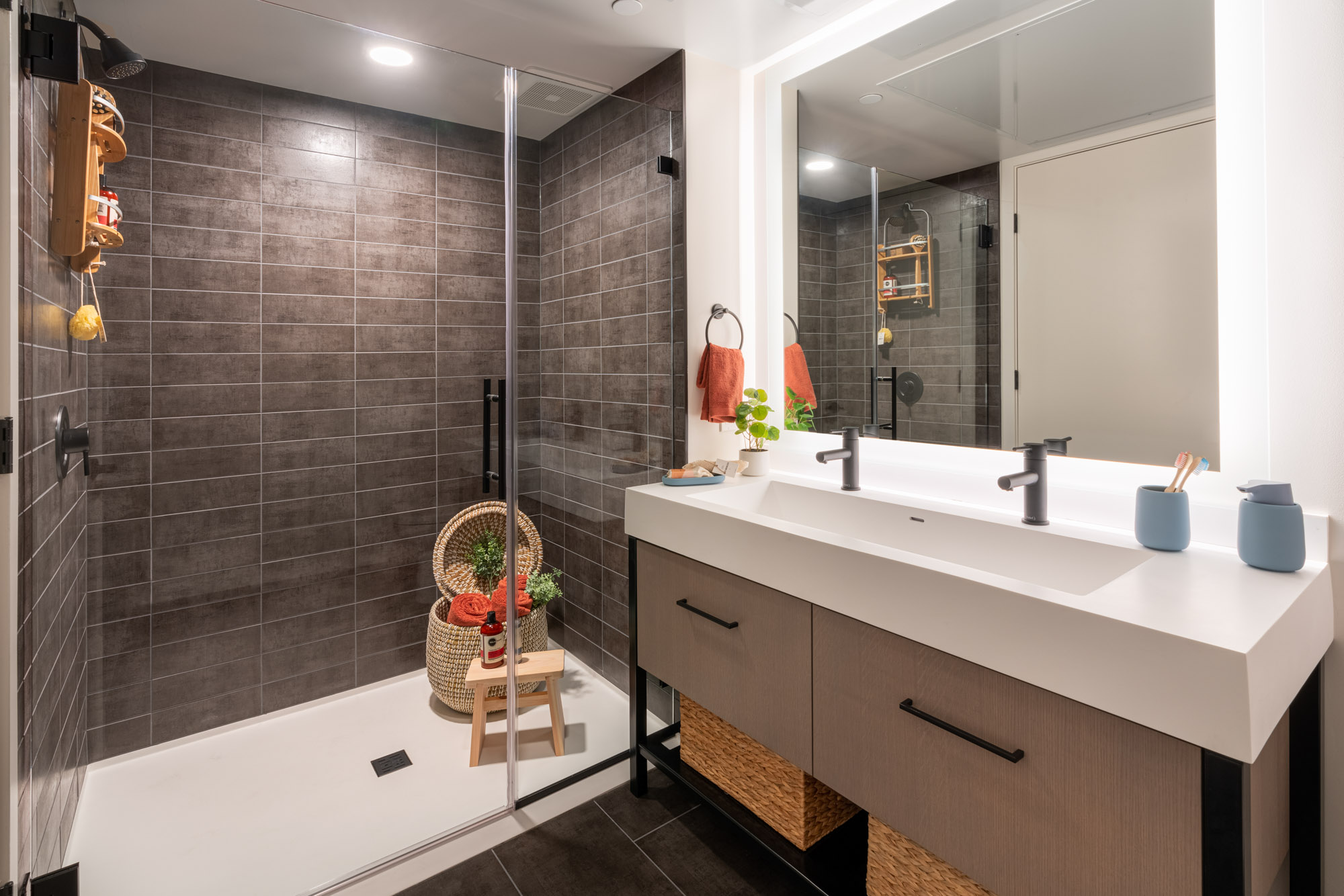 An apartment bathroom at The George apartments in San Francisco, CA