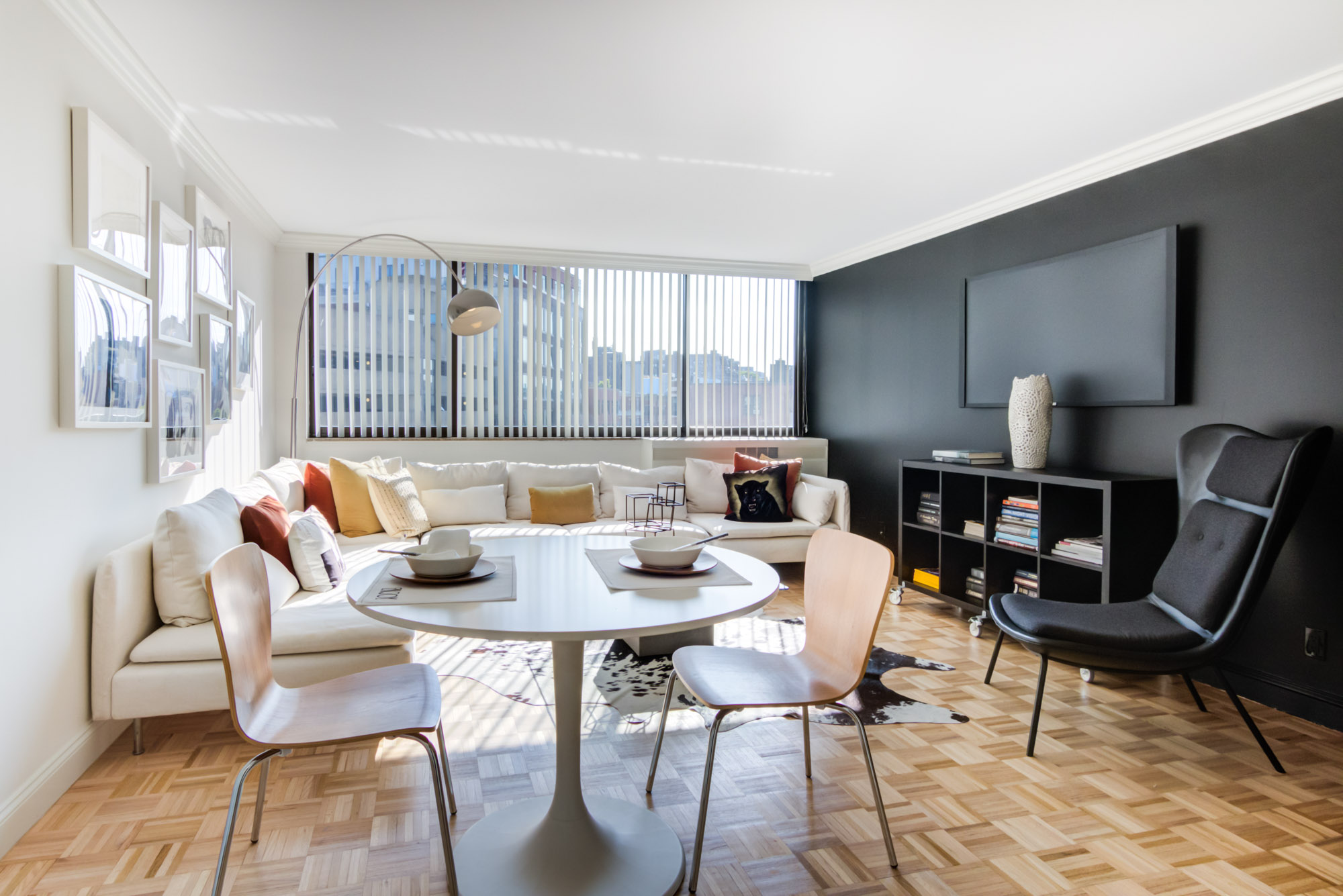 The living area in a Church Park apartment in Boston, Massachusetts.