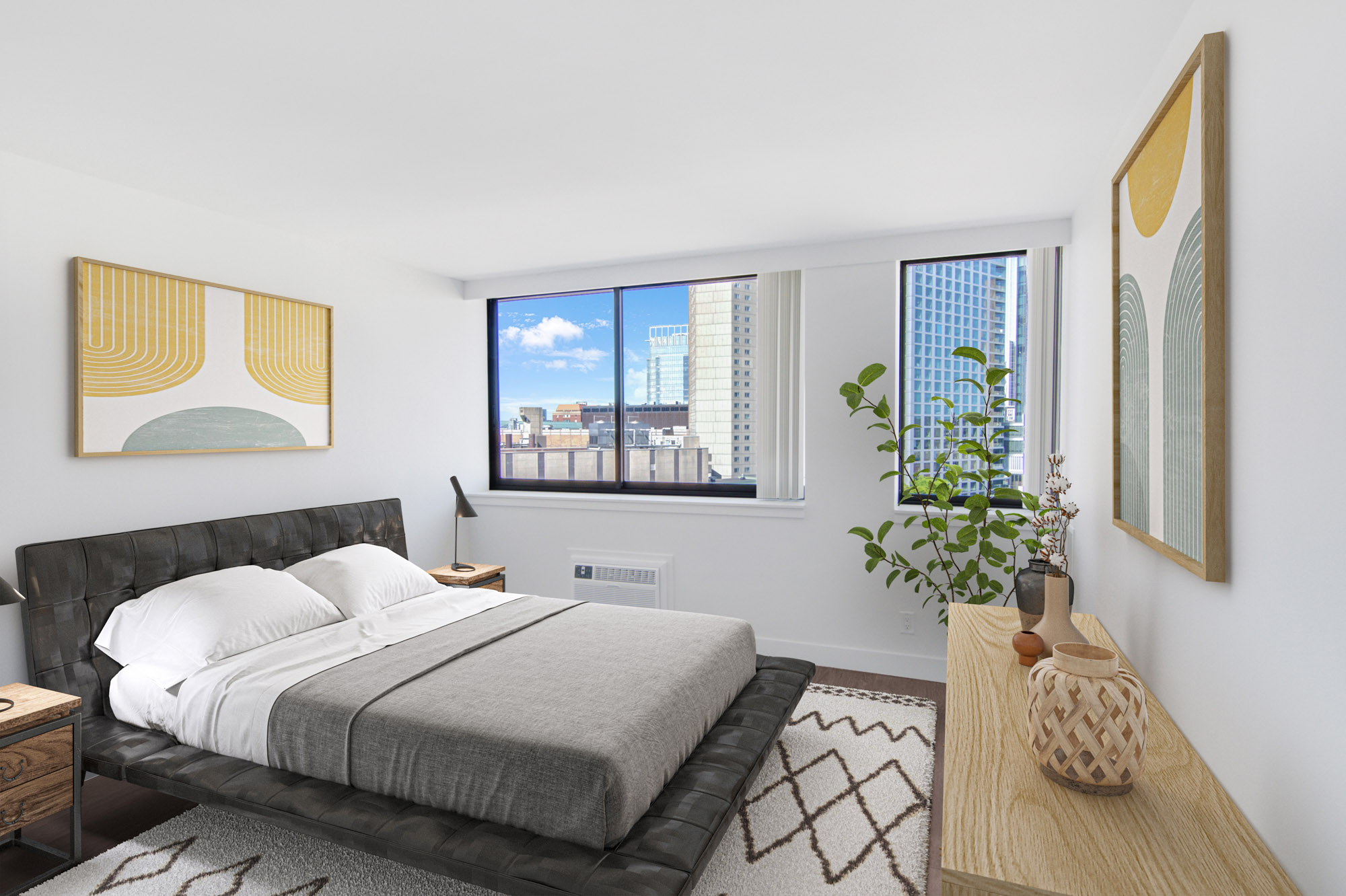 The bedroom in a Church Park apartment in Boston, Massachusetts.