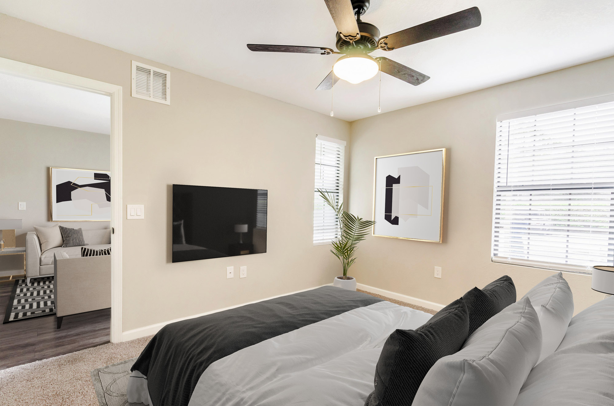 The bedroom in an apartment in St. James Crossing in Tampa, Florida.