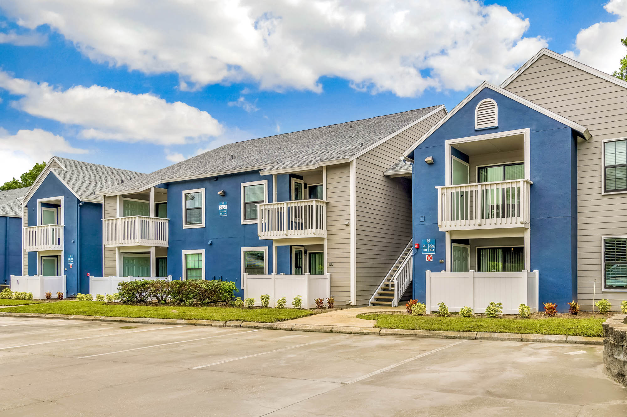 The exterior of an apartment building at St. James Crossing in Tampa, Florida.