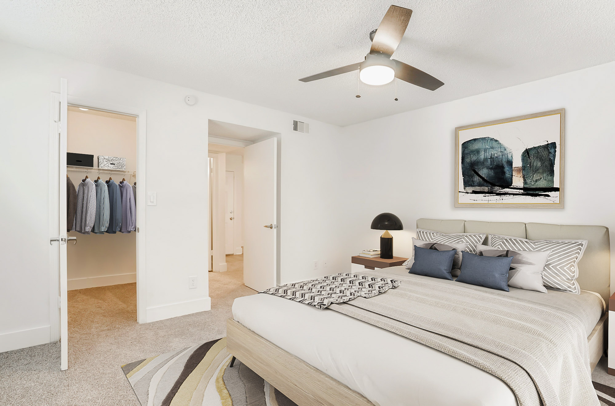 The bedroom in an apartment at The Dawson in Tampa, Florida.