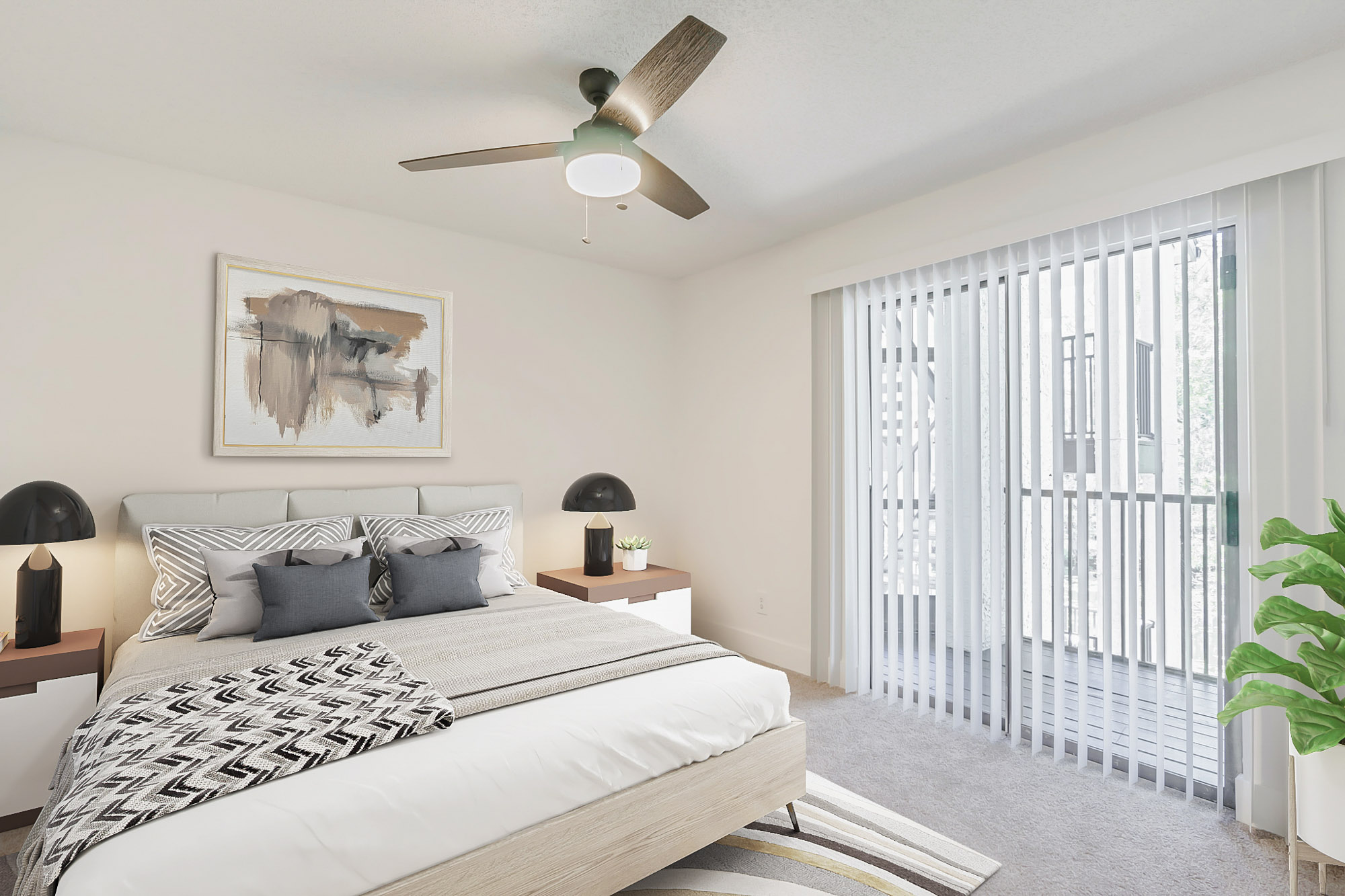 The bedroom in an apartment at The Dawson in Tampa, Florida.