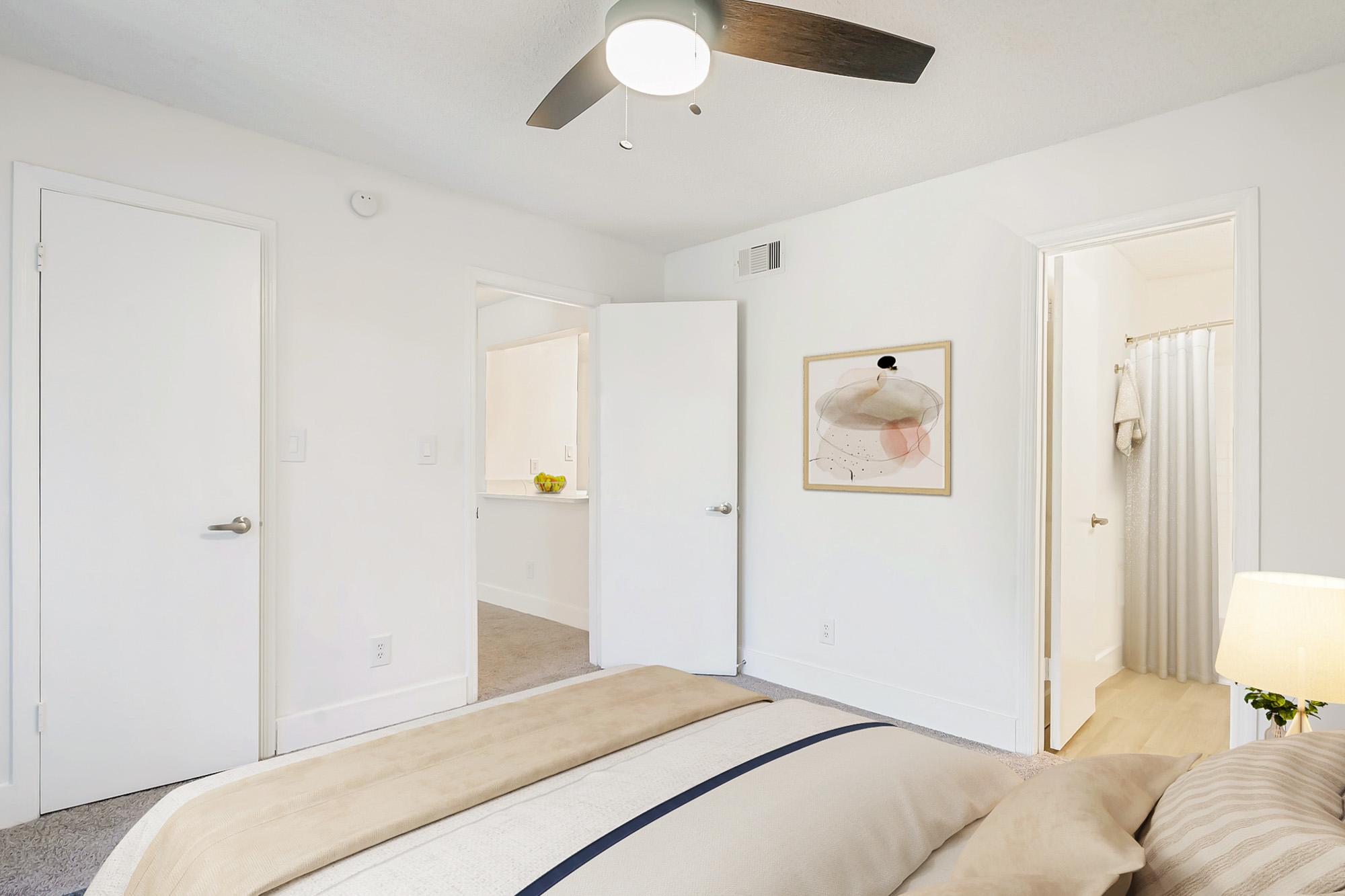 The bedroom in an apartment at The Dawson in Tampa, Florida.