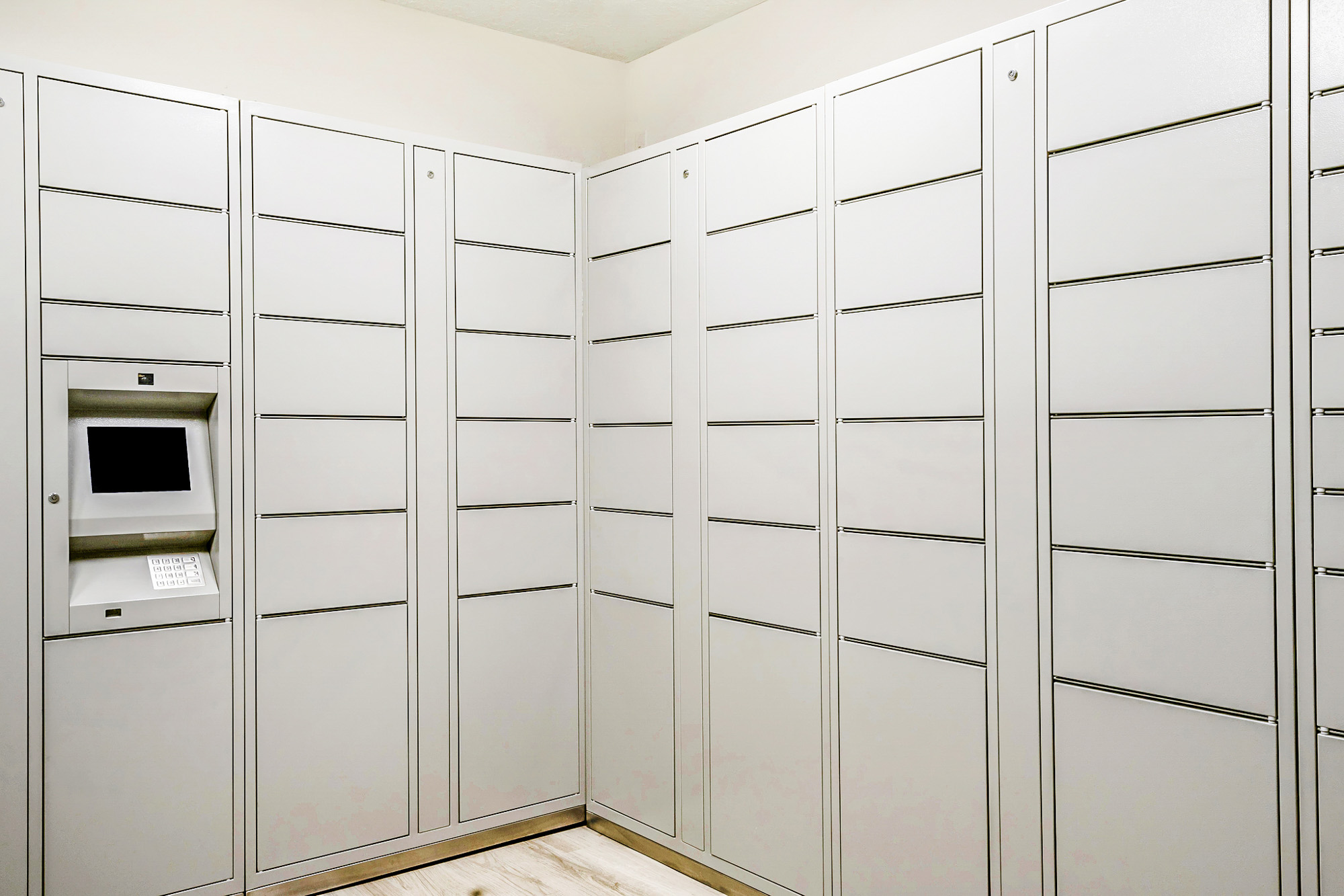 The interior of a mail room at Oak Ramble apartments in Tampa, FL.