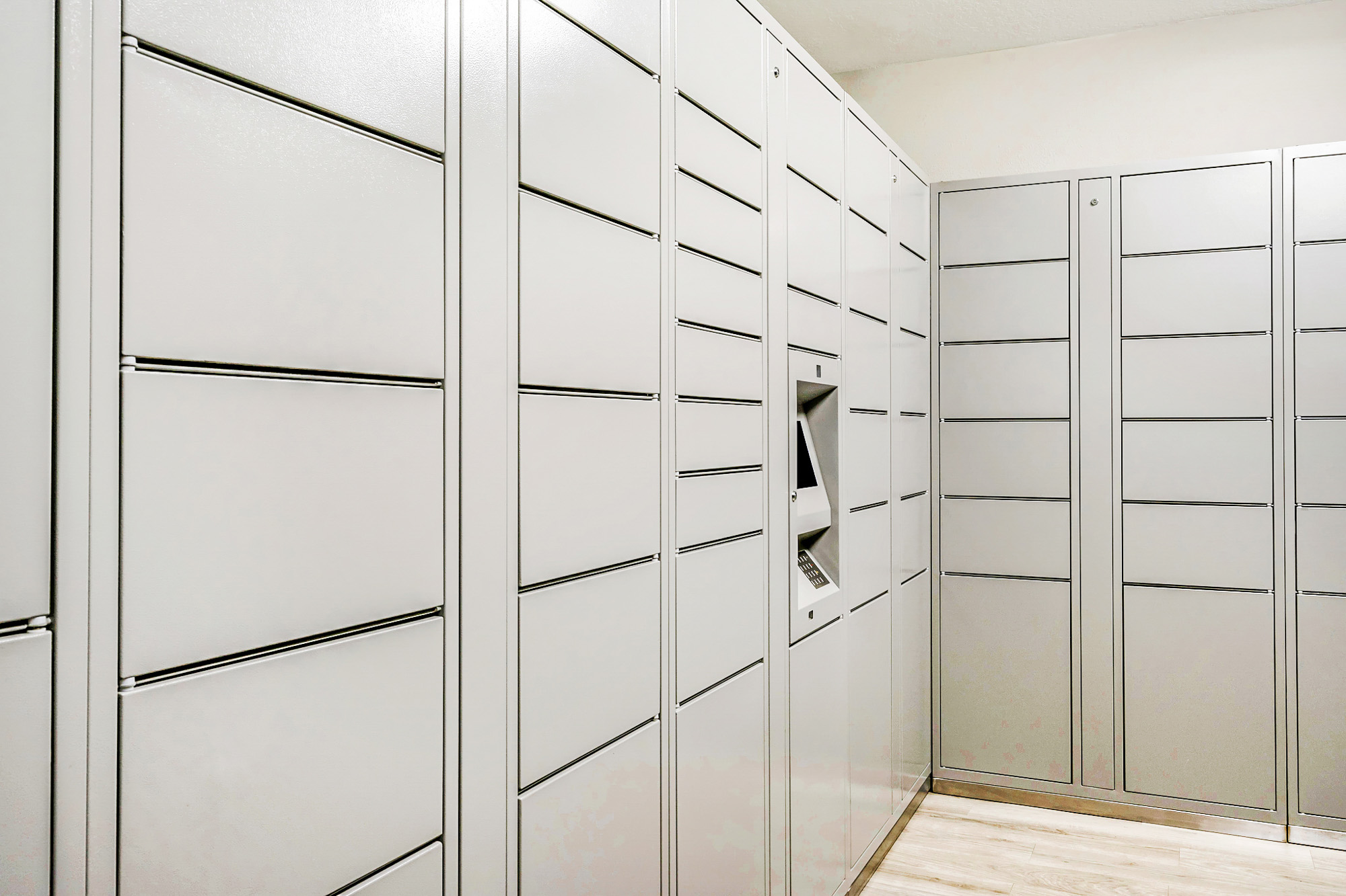 The interior of a mail room at Oak Ramble apartments in Tampa, FL.