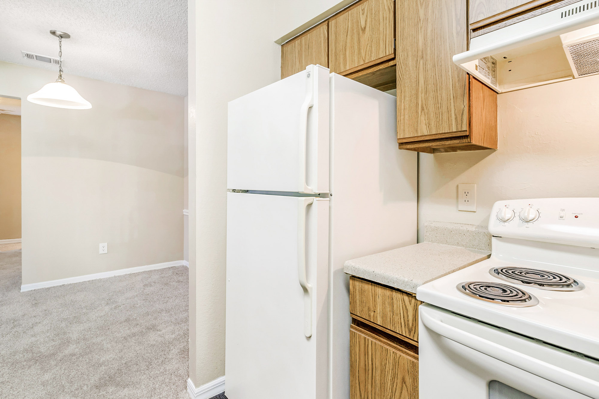 The interior of a kitchen at Oak Ramble apartments in Tampa, FL.