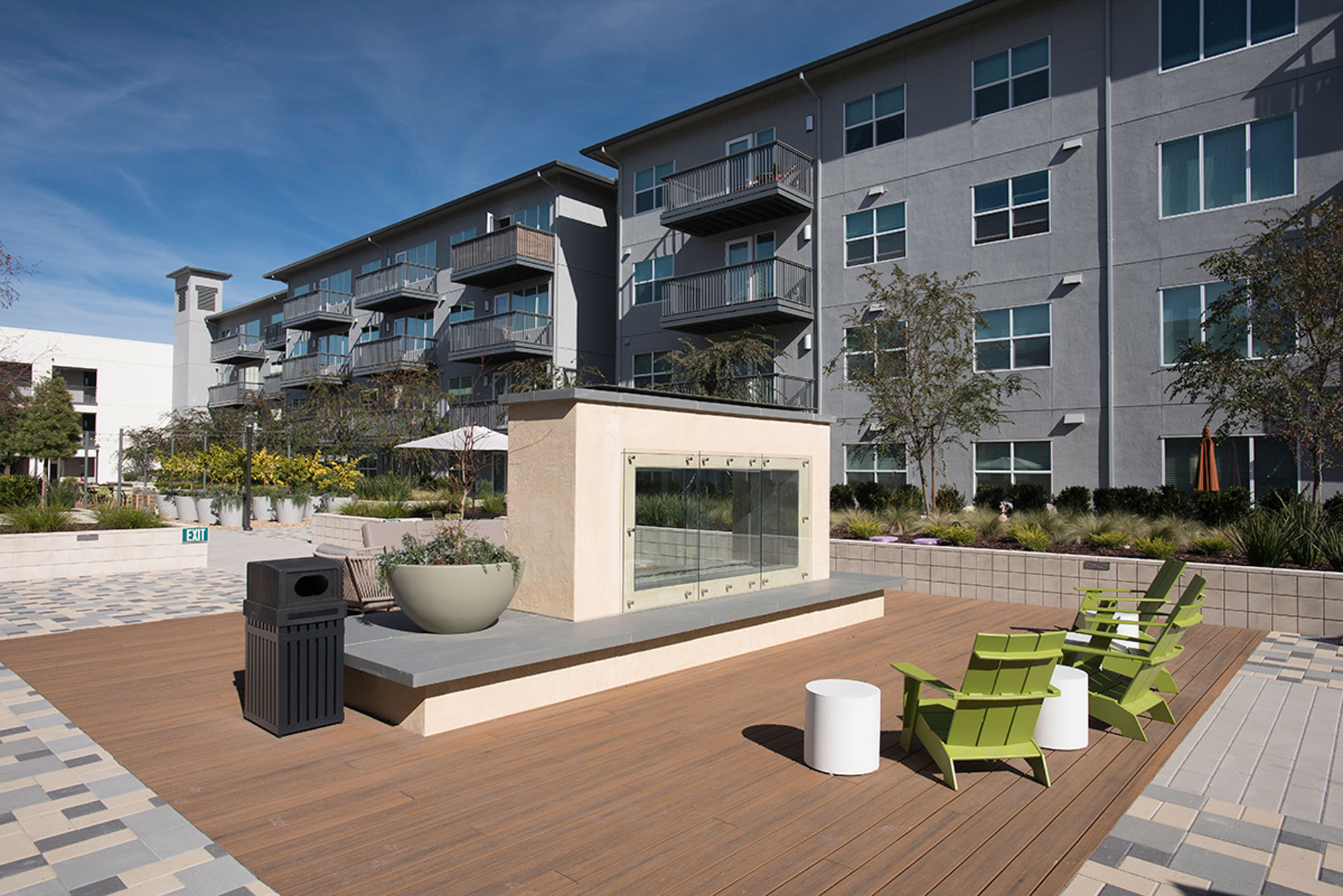 The outdoor terrace at Vintage apartments in Pleasanton, California.