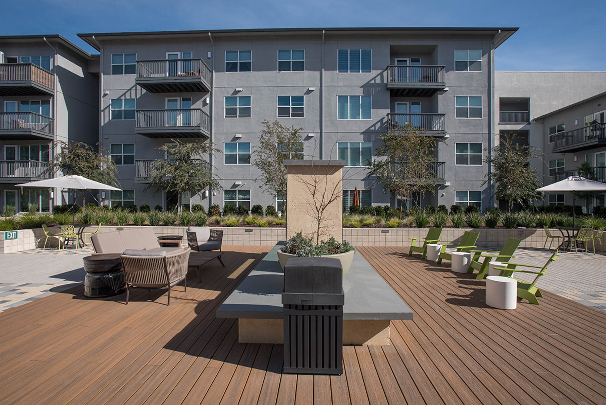 The outdoor terrace at Vintage apartments in Pleasanton, California.