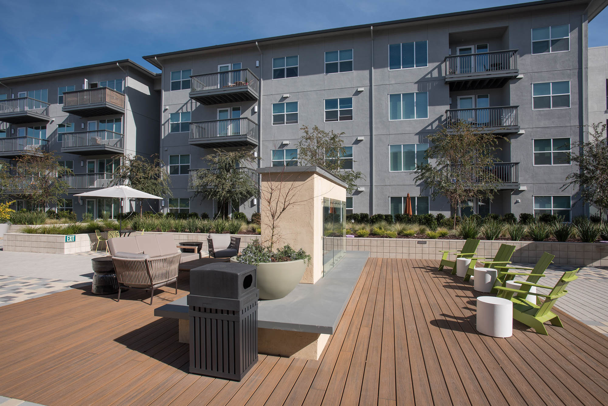 The outdoor terrace at Vintage apartments in Pleasanton, California.