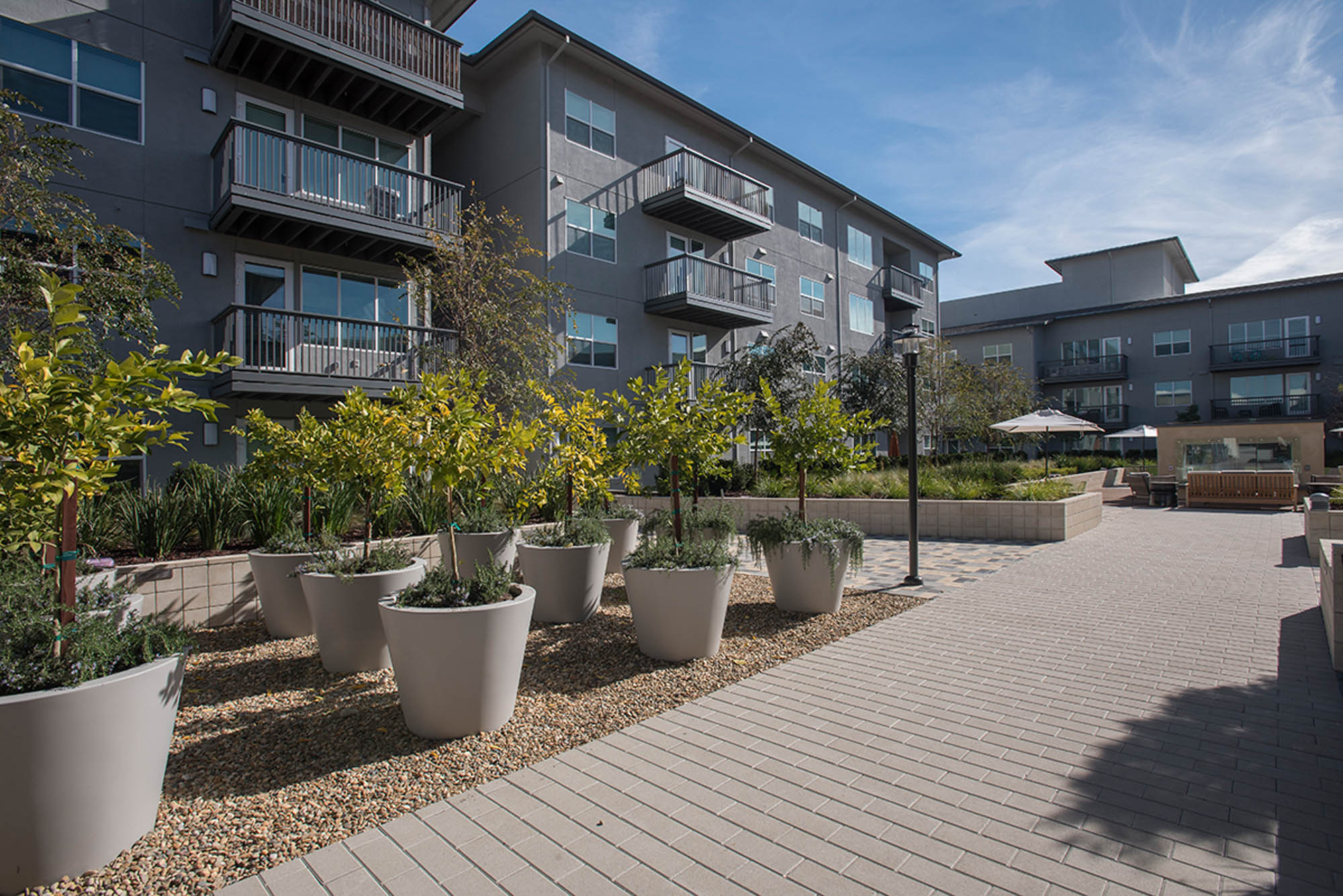 The outdoor terrace at Vintage apartments in Pleasanton, California.