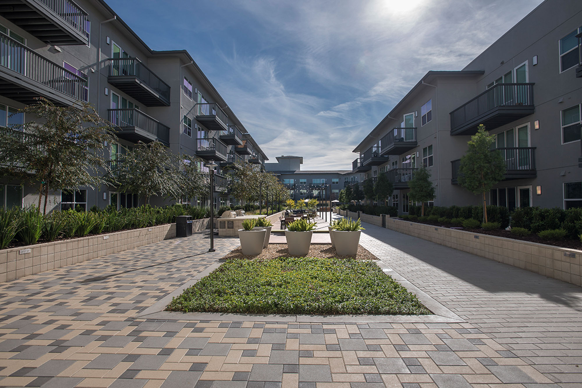 The outdoor terrace at Vintage apartments in Pleasanton, California.