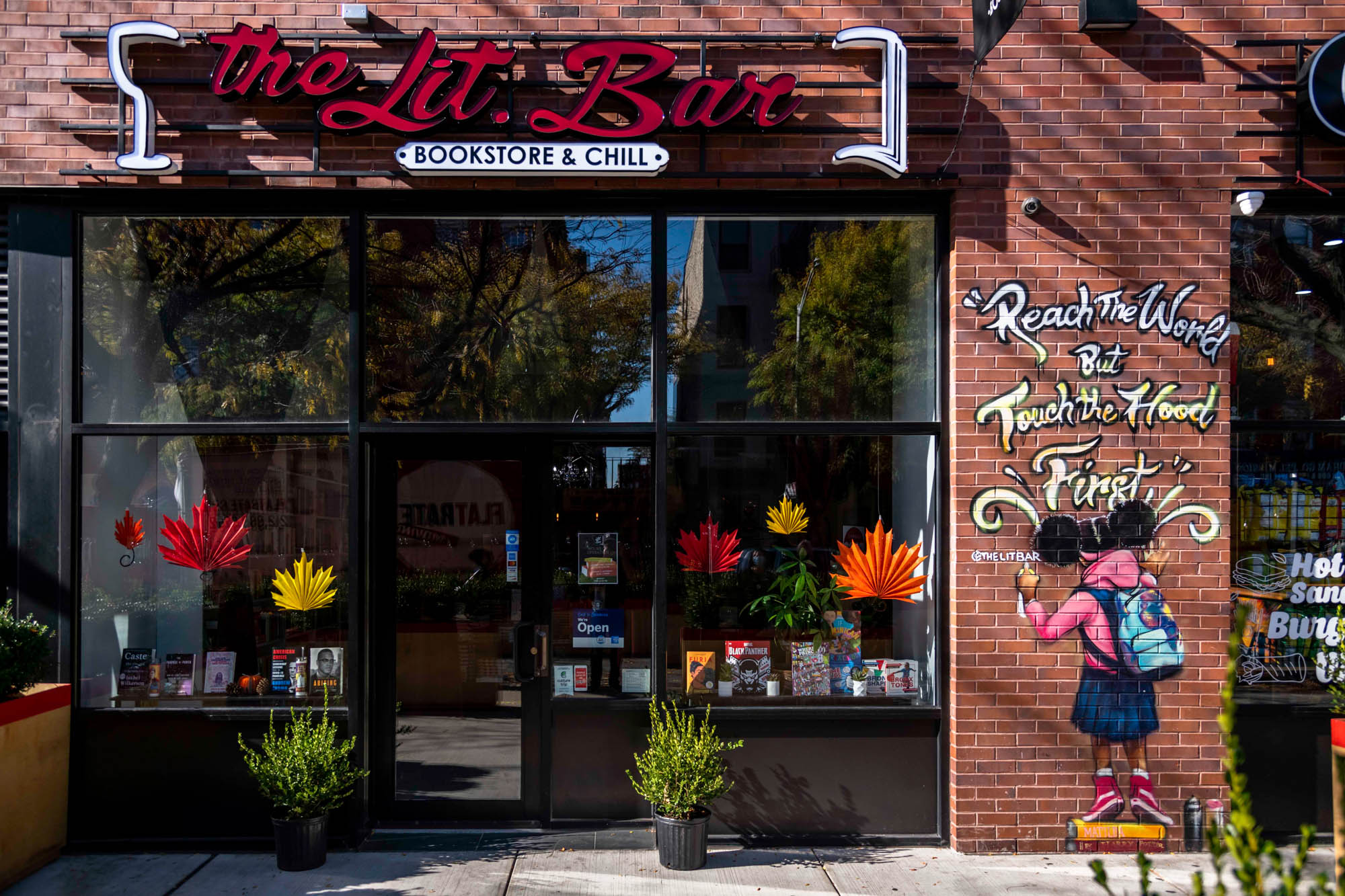 A bookstore's storefront near Lincoln at Bankside in the Bronx, NY.