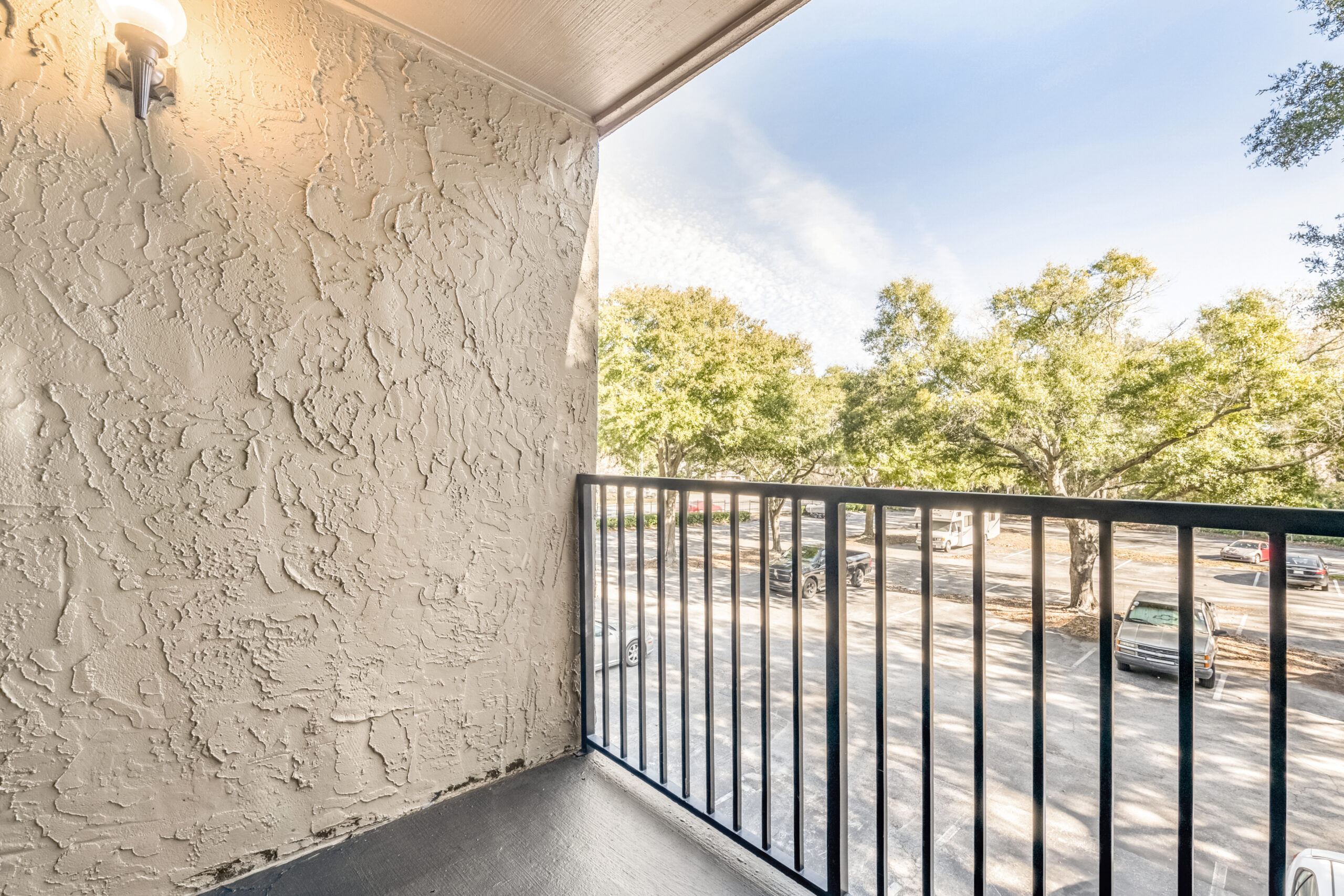 A balcony at Brookwood Club apartments in Jacksonville, FL.