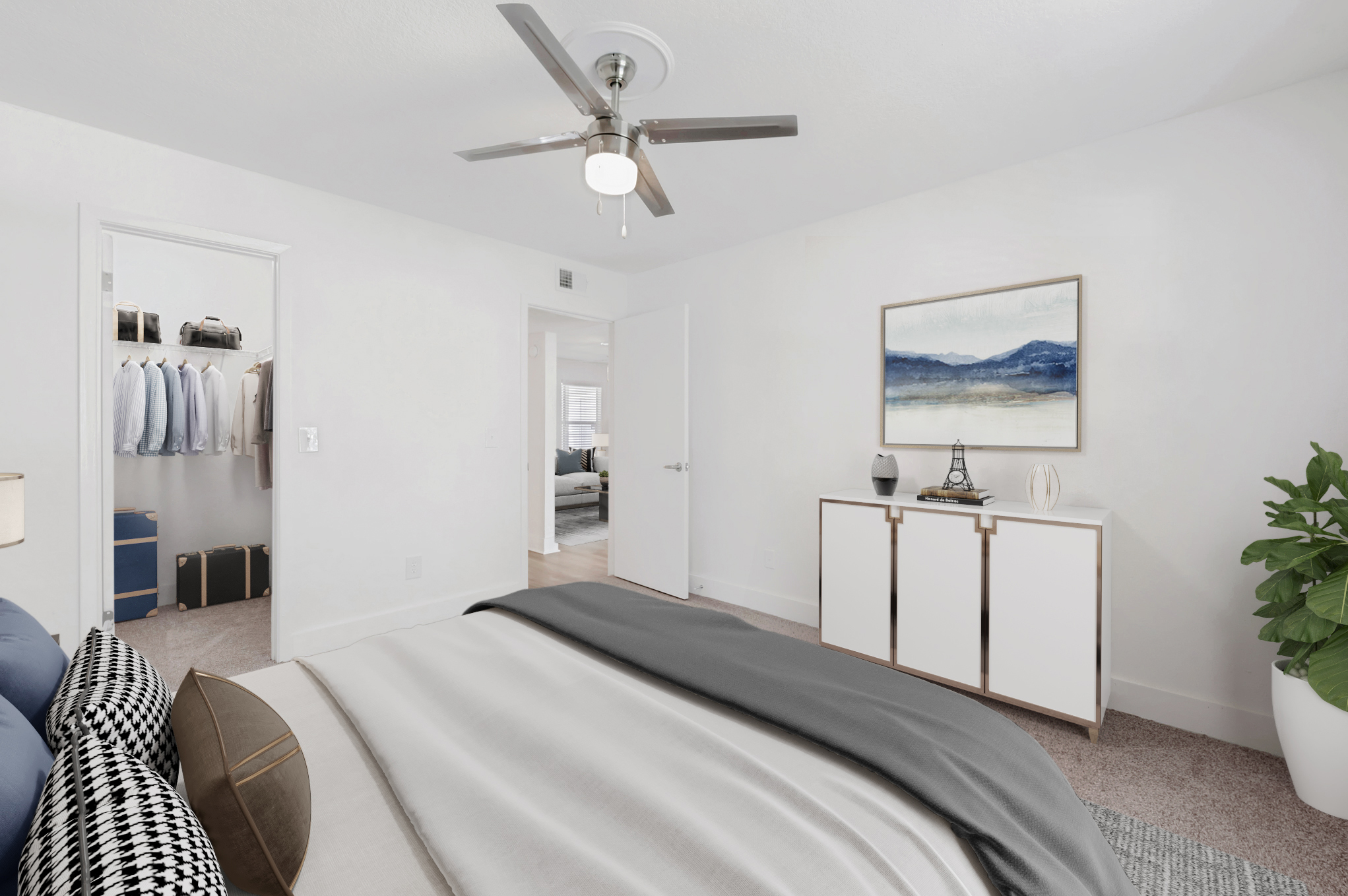 A bedroom at Brookwood Club apartments in Jacksonville, FL.