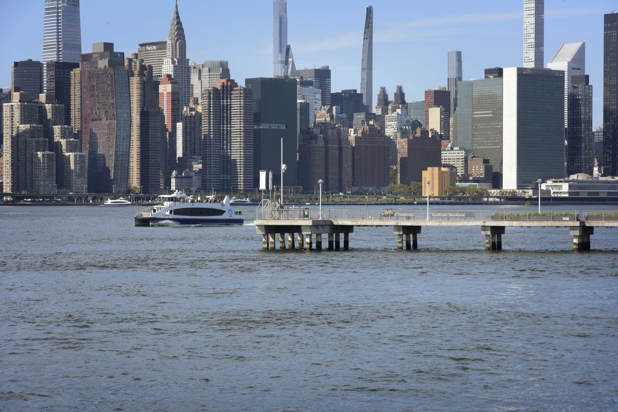 A view of the water and Manhattan Skyline from Greenpoint Landing in Brooklyn, New York.