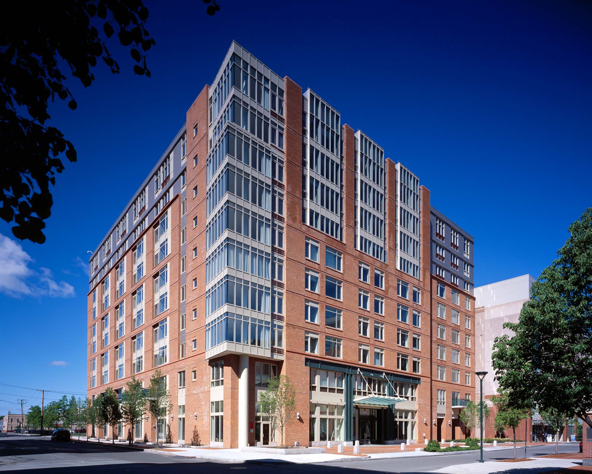 Corner view of 91 Sidney apartments in University Park in Cambridge, MA