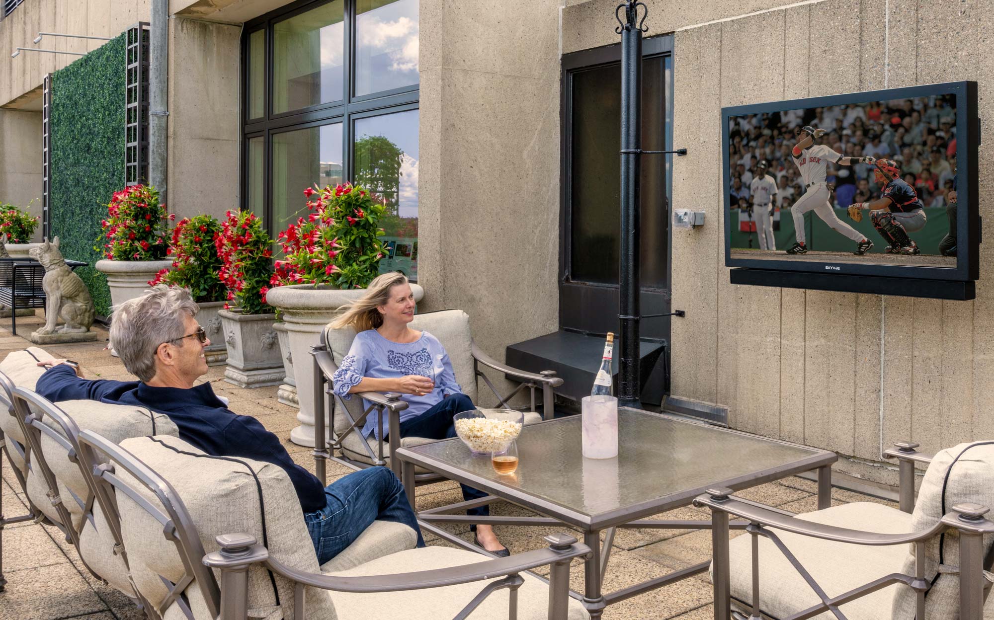 The outdoor terrace at Church Park apartments in Boston, Massachusetts.