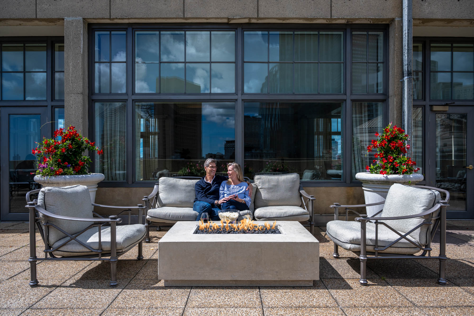 The outdoor terrace at Church Park apartments in Boston, Massachusetts.