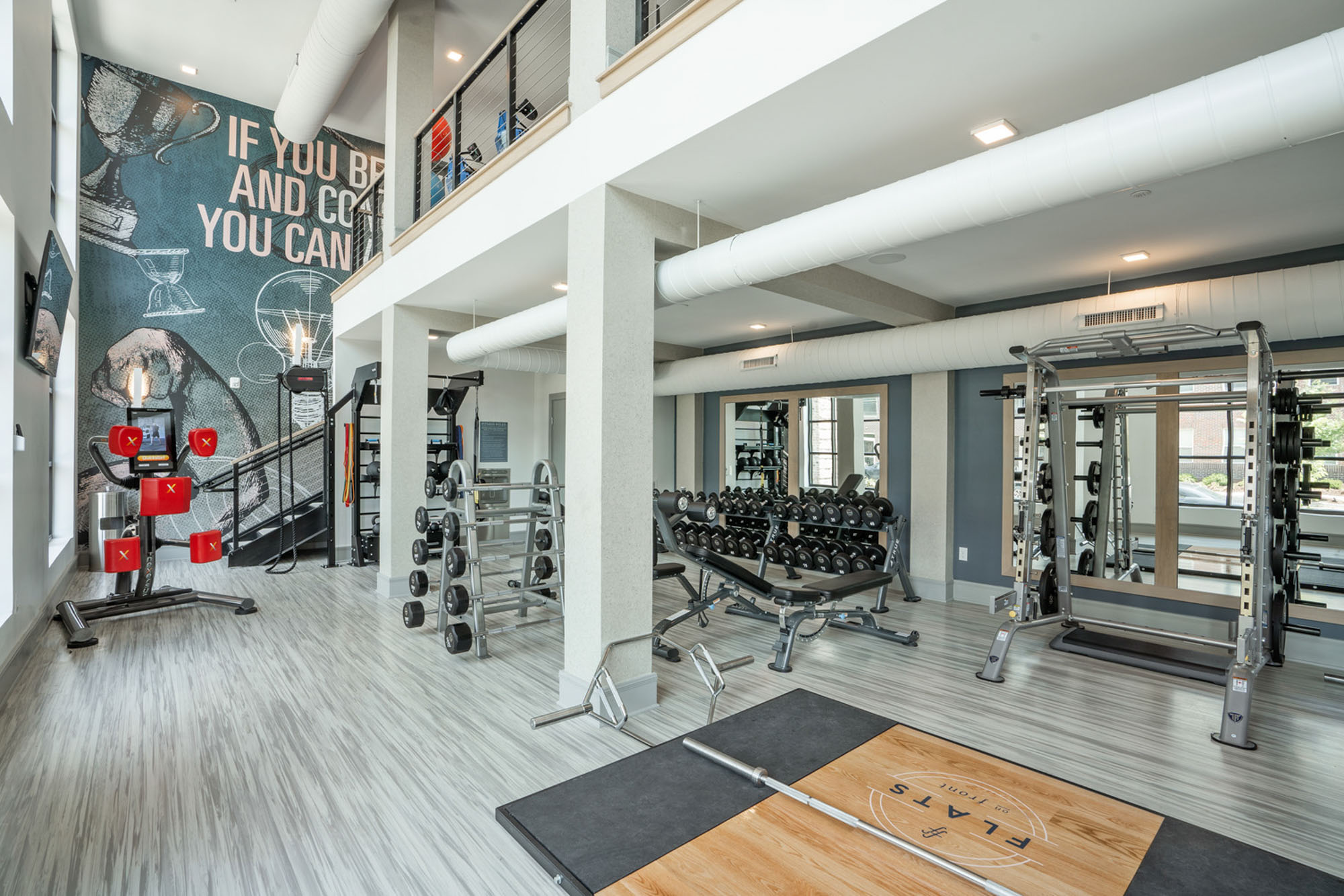 The fitness center at Flats on Front apartments in Wilmington, NC.